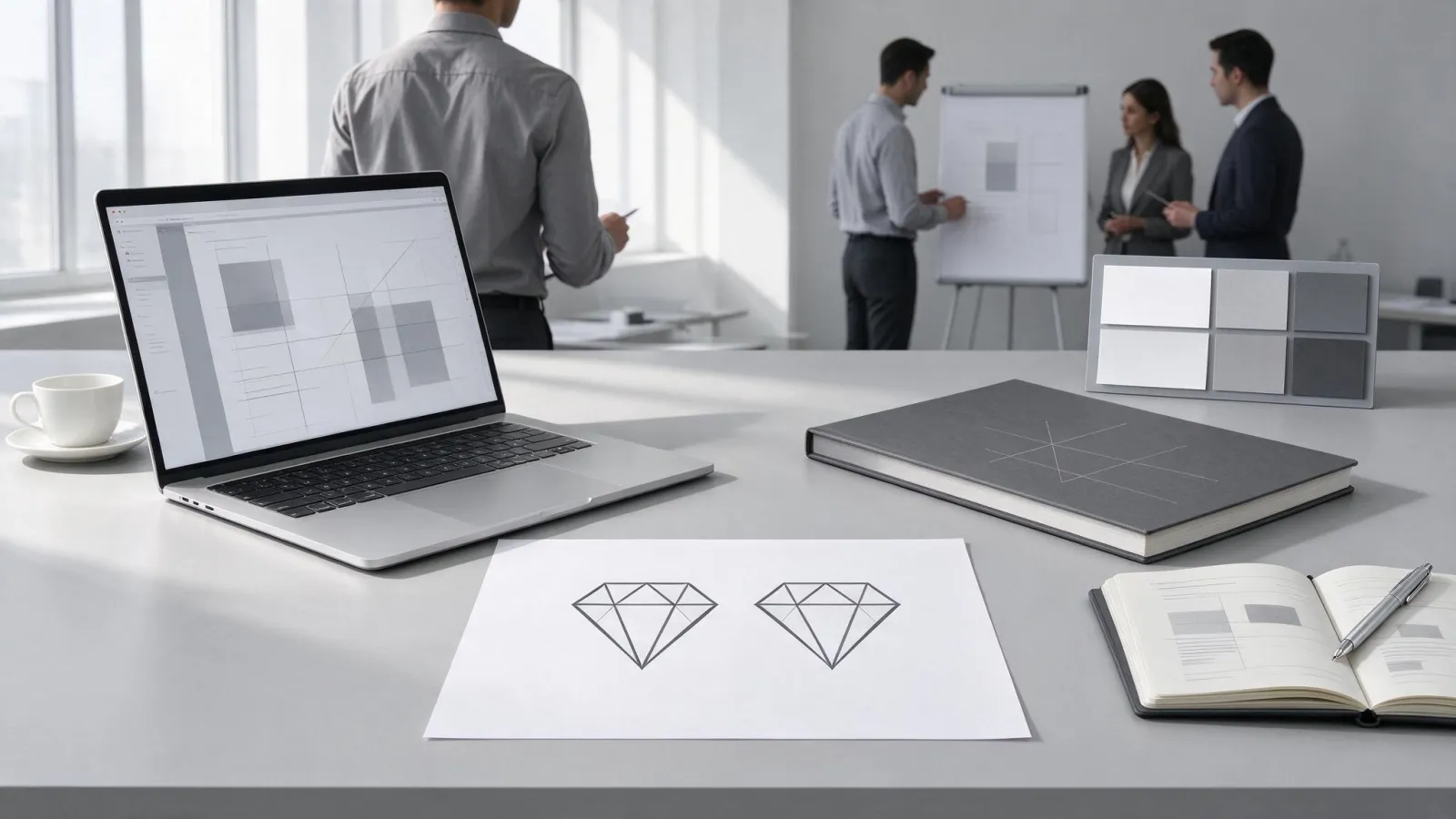 Ảnh minh hoạ Mô hình kim cương kép (double diamond): hai hình thoi nằm ngang với bốn, Define, Develop, Deliver và hoạt động ví dụ mỗi pha