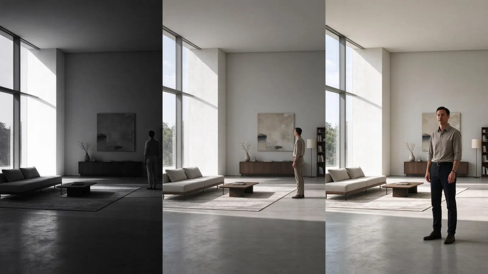 Ảnh minh hoạ Dải tương phản động (dynamic range): một cảnh ngược sáng chụp giữ vùng sáng, giữ vùng tối, và bản HDR ghép