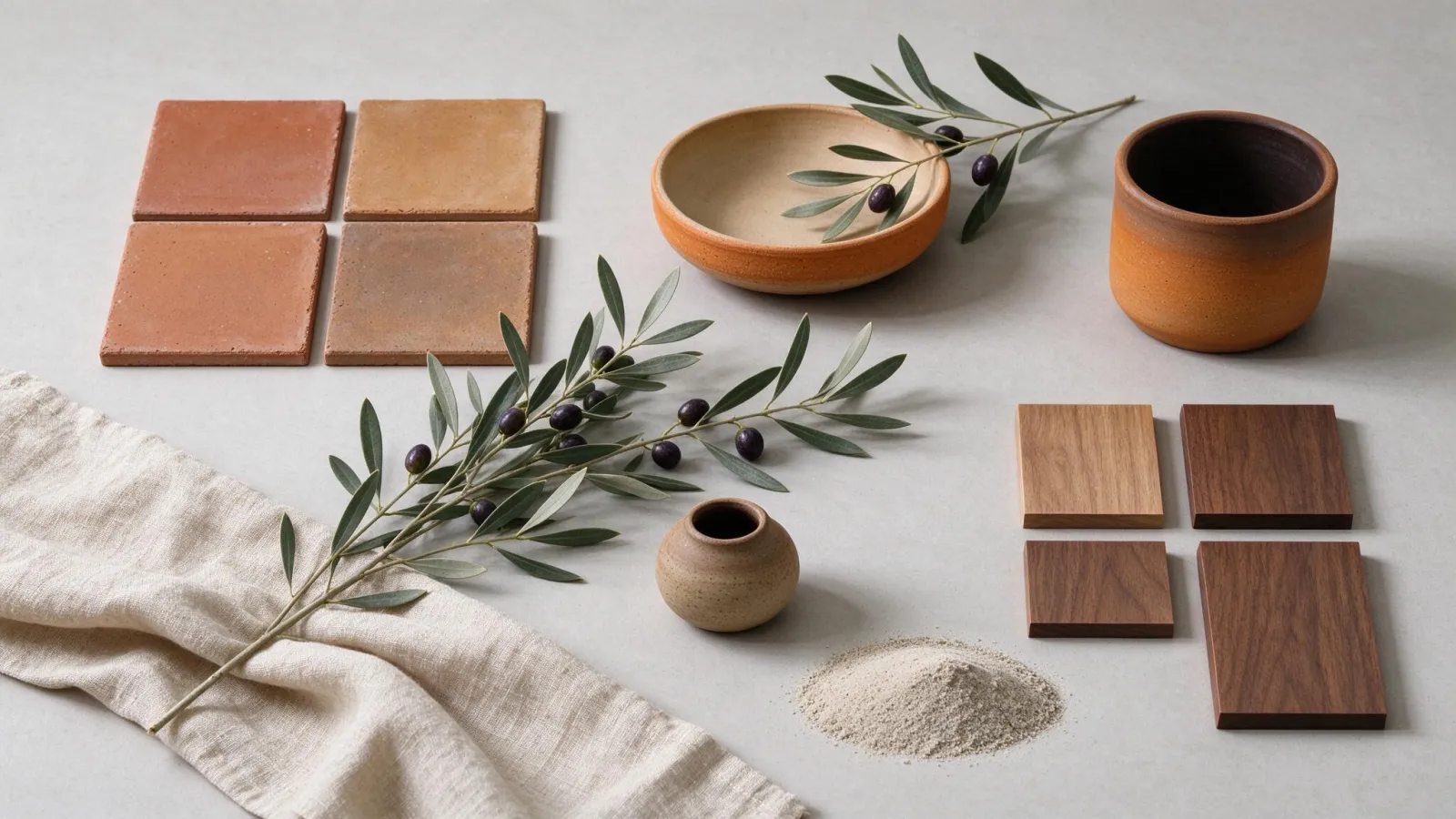 Ảnh minh hoạ Tông màu đất (earth tones): vật liệu màu đất: gạch nung, gốm, vải lanh, gỗ