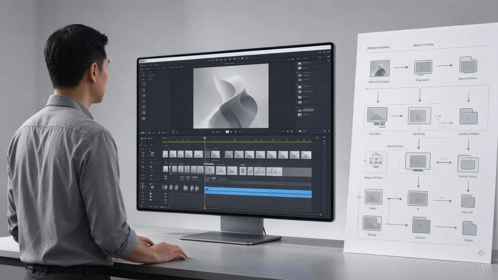 Ảnh minh hoạ Edit video (dựng video): sơ đồ các bước dựng video từ footage đến file xuất, cạnh ảnh chụp màn hình timeline có nhiều track hình, chữ và âm thanh