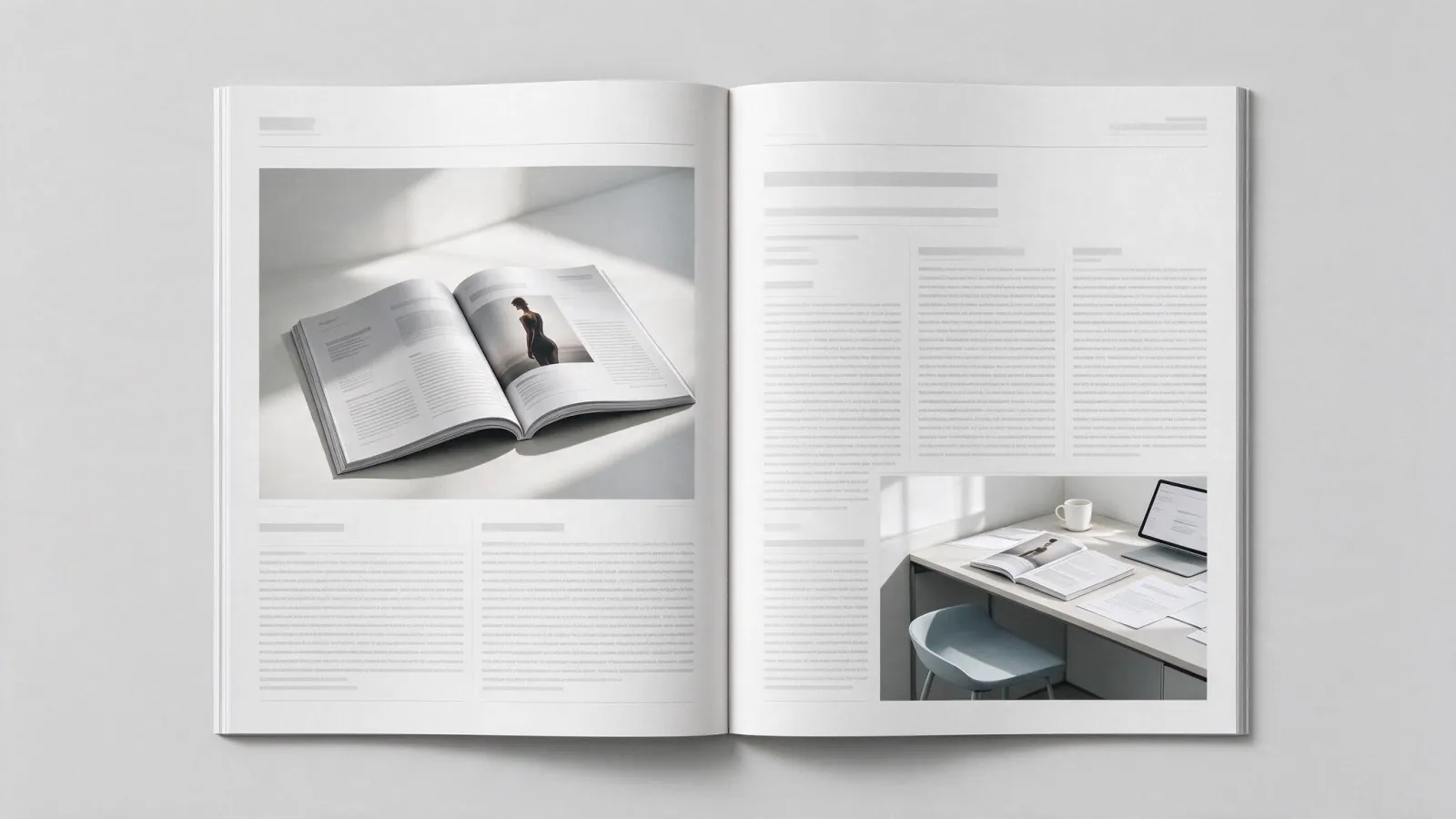 Ảnh minh hoạ Editorial design: một trang đôi tạp chí với lưới cột hiện lên, sapo, thân bài, ảnh