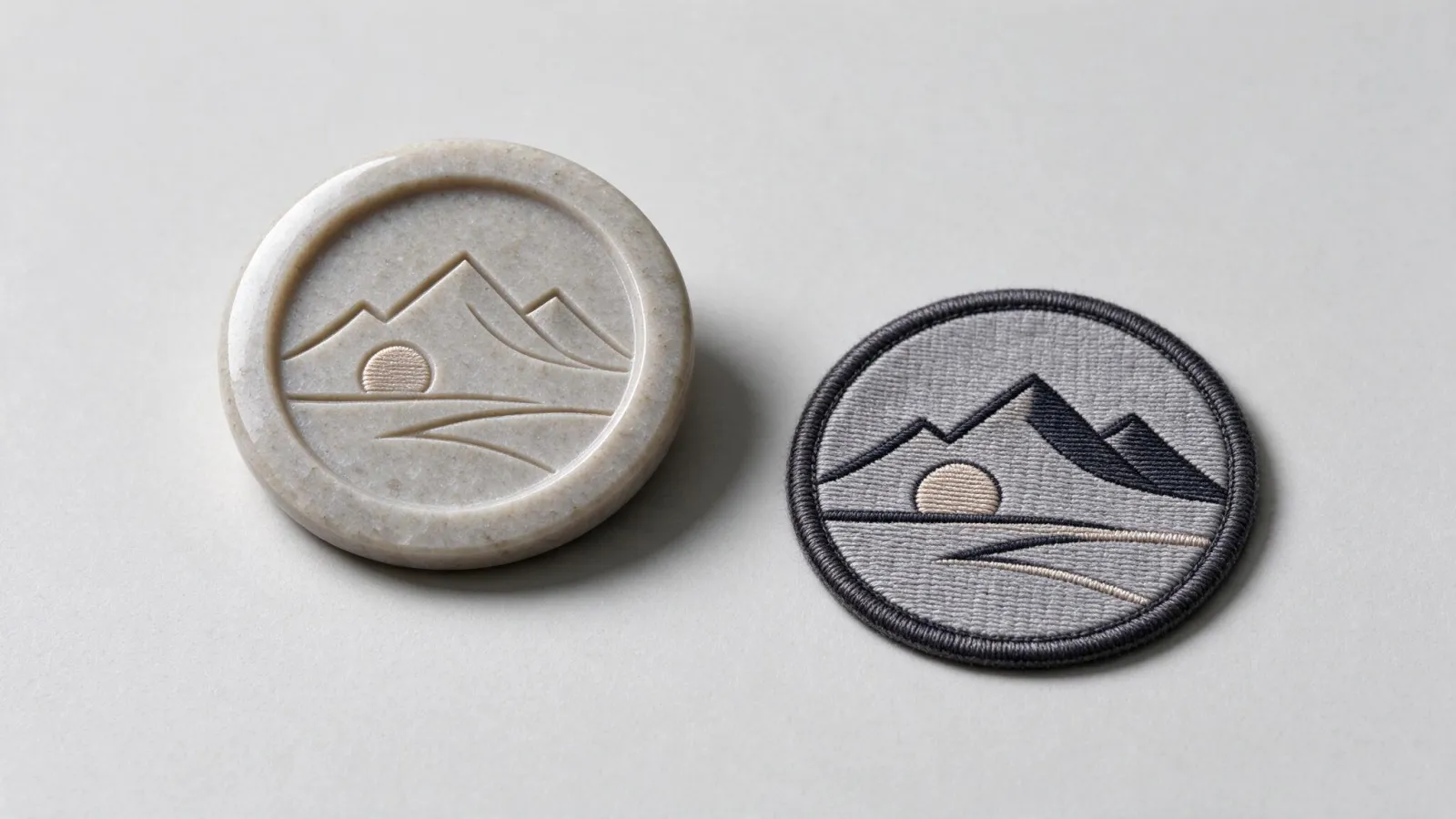 Ảnh minh hoạ Logo dạng huy hiệu (emblem): huy hiệu tròn và miếng vải thêu cùng hình