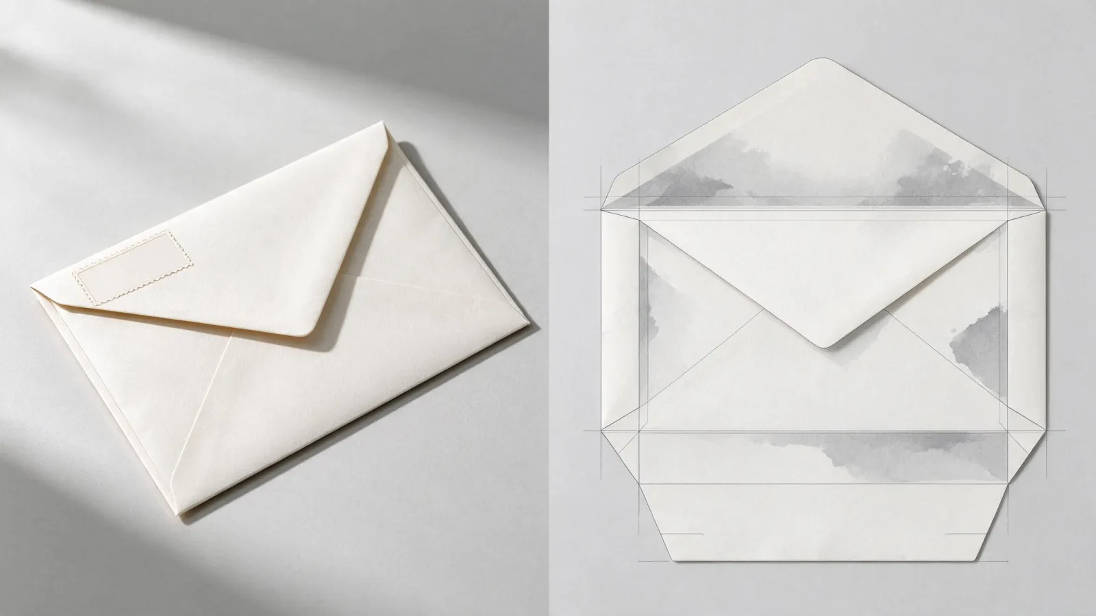 Ảnh minh hoạ Phong bì (envelope): phong bì DL mặt trước và dieline trải phẳng, vùng tem, nắp và đường gấp