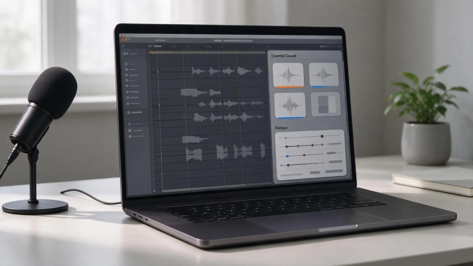 Ảnh minh hoạ Essential Sound (panel xử lý âm thanh nhanh): ảnh chụp màn hình panel Essential Sound với bốn nút loại âm thanh và mục Repair của Dialogue được mở