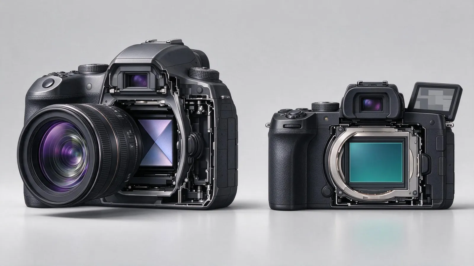 Ảnh minh hoạ Kính ngắm điện tử (EVF) và quang học (OVF): sơ đồ cắt ngang DSLR (gương, lăng kính, OVF) cạnh mirrorless (cảm biến, màn hình EVF)