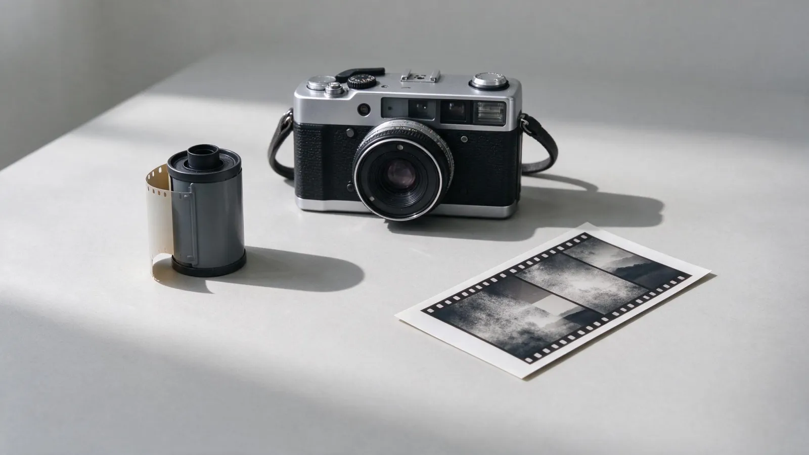 Ảnh minh hoạ Chụp ảnh film: một cuộn phim 35mm, máy ảnh film và một ảnh quét từ phim có hạt (ảnh tự chụp)