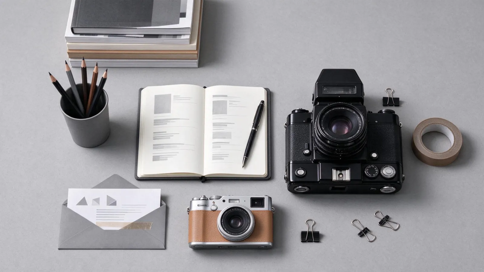 Ảnh minh hoạ Flatlay (ảnh chụp từ trên xuống): một ảnh flatlay đồ văn phòng phẩm tự chụp và sơ đồ bố cục lưới với vật chính, vật phụ