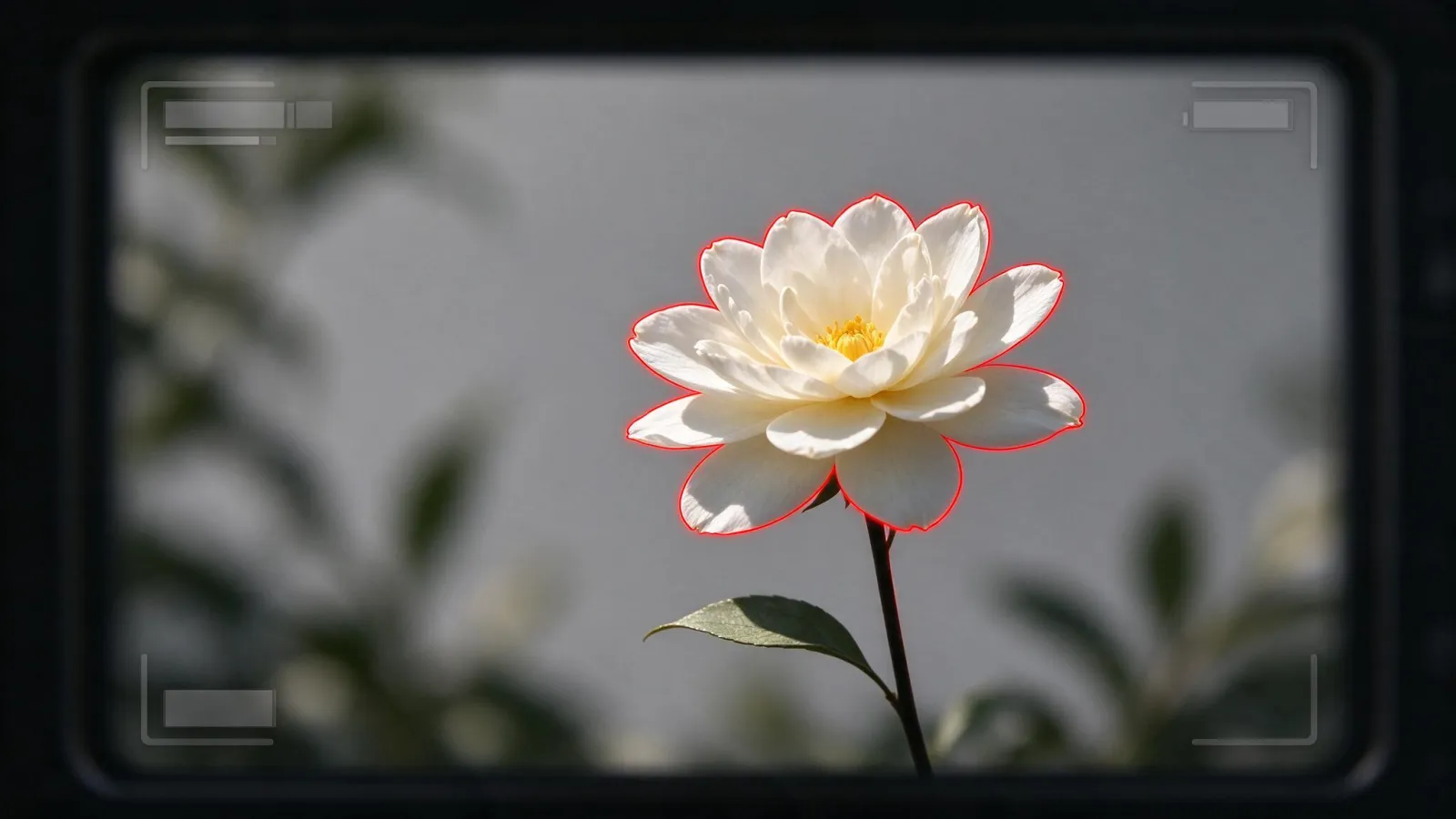Ảnh minh hoạ Focus peaking (tô viền vùng nét): màn hình máy ảnh hiển thị viền đỏ của focus peaking quanh một bông hoa đang nét, nền mờ không có viền
