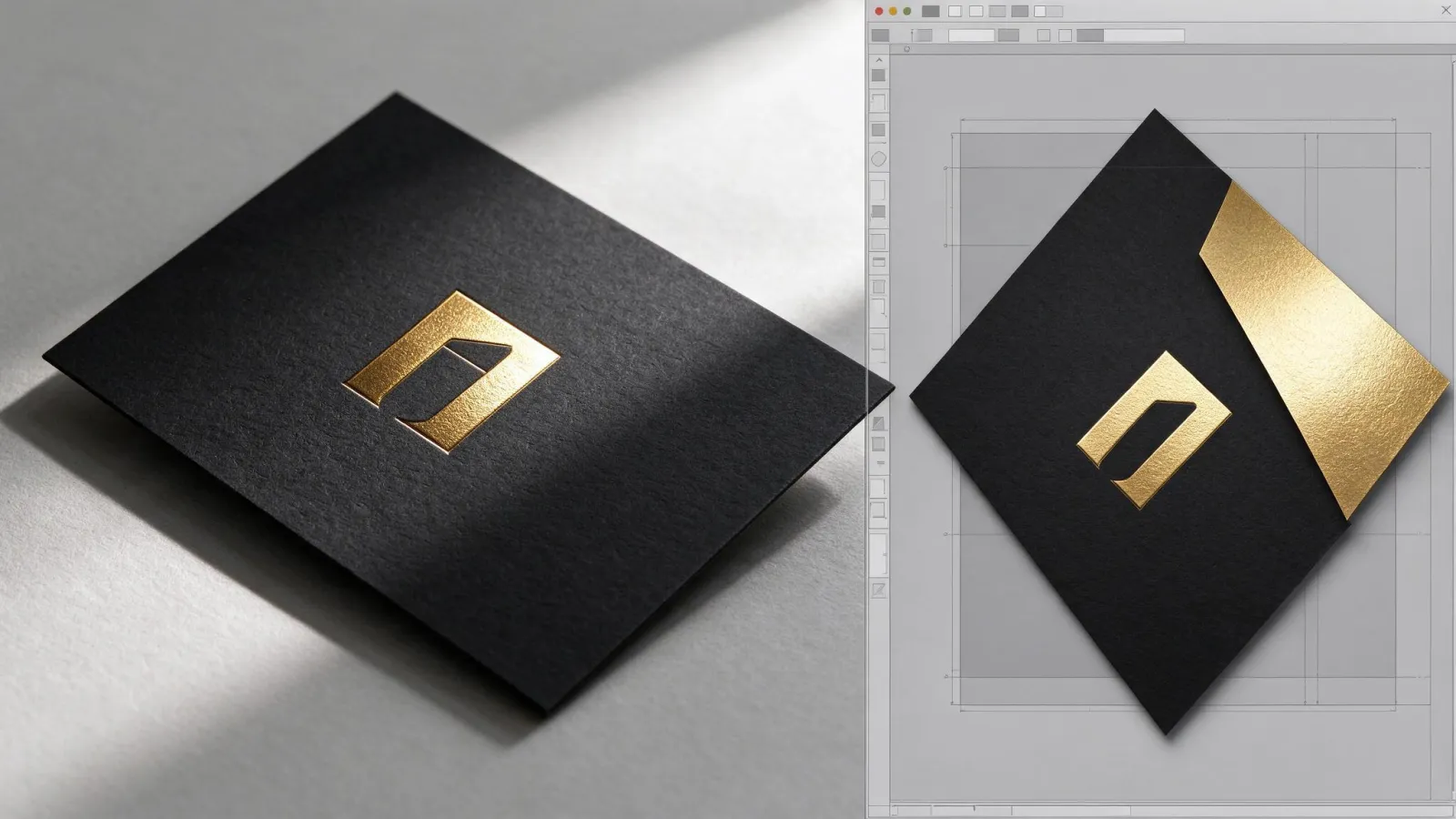 Ảnh minh hoạ Ép kim (foil stamping): ảnh cận danh thiếp có logo ép kim vàng trên giấy đen, kèm hình file thiết kế với lớp ép kim tách riêng