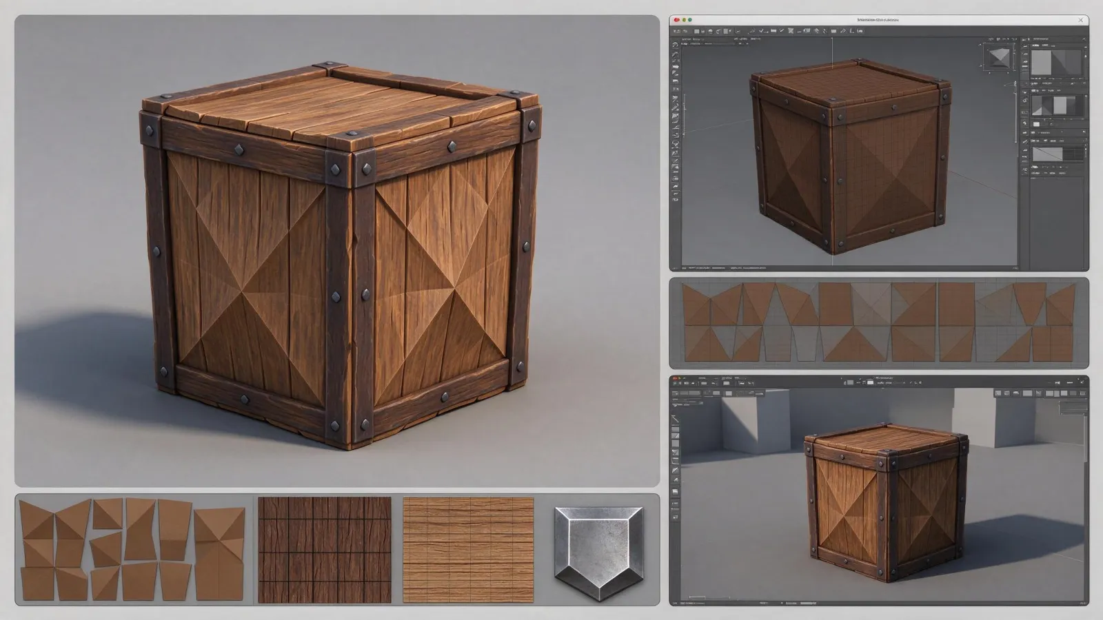 Ảnh minh hoạ Game asset: một asset game (thùng gỗ) với lưới low poly, UV, bộ texture và hình trong engine