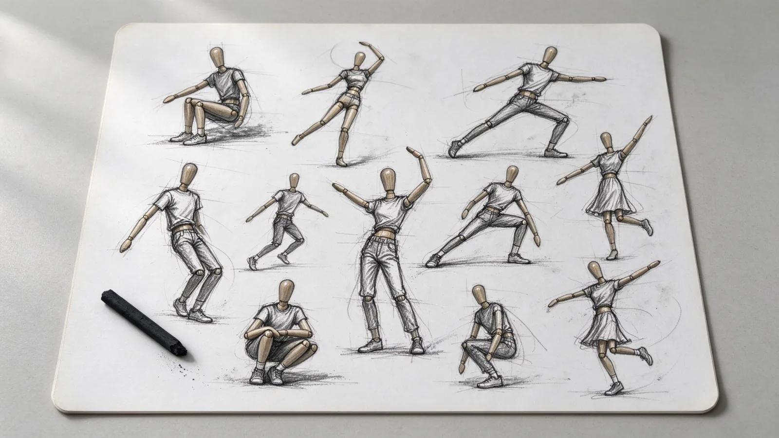 Ảnh minh hoạ Vẽ dáng nhanh (gesture drawing): một trang 8 bản gesture 30 giây và 2 phút của cùng một người mẫu (tự vẽ), có vẽ đường hành động