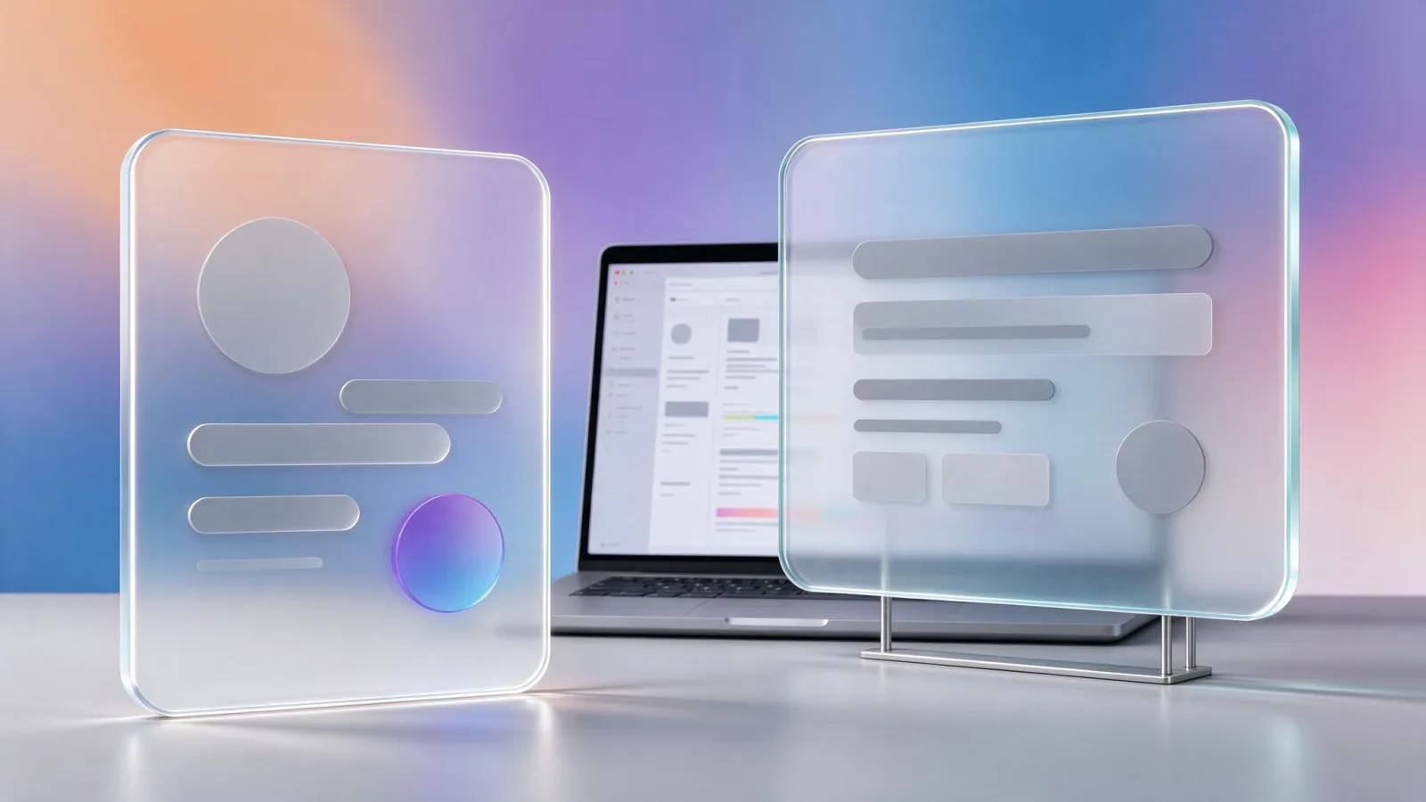 Ảnh minh hoạ Glassmorphism: một thẻ giao diện kính mờ trên nền gradient nhiều màu, kèm bản phóng to cho thấy lớp làm mờ và viền sáng