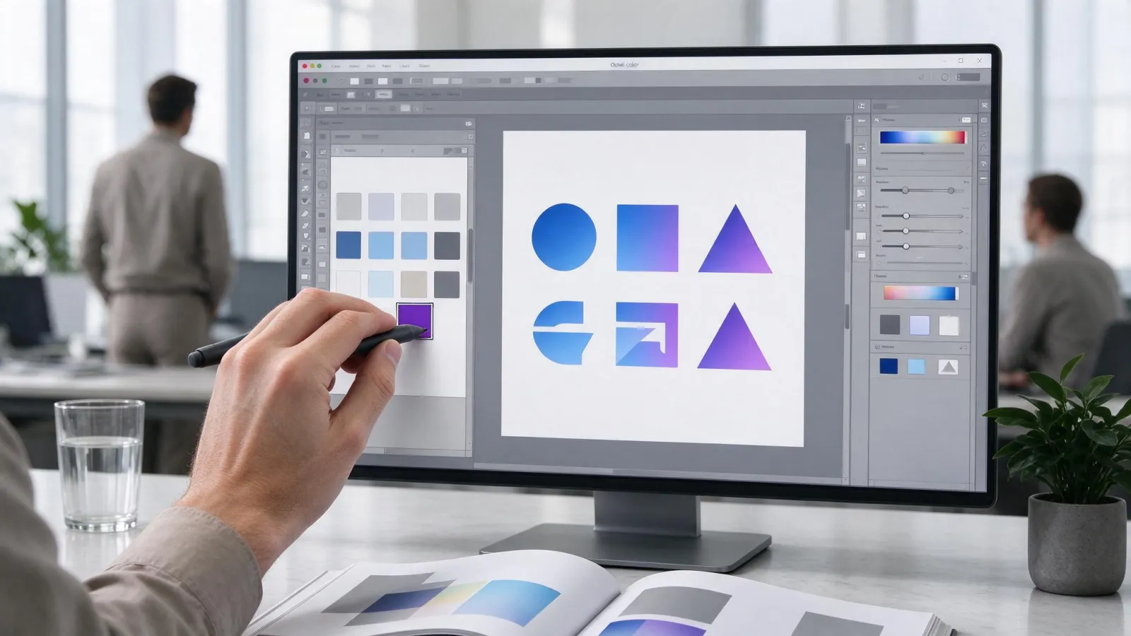 Ảnh minh hoạ Global color (màu toàn cục Illustrator): bảng Swatches có swatch global và một bộ icon đổi màu đồng loạt khi sửa swatch