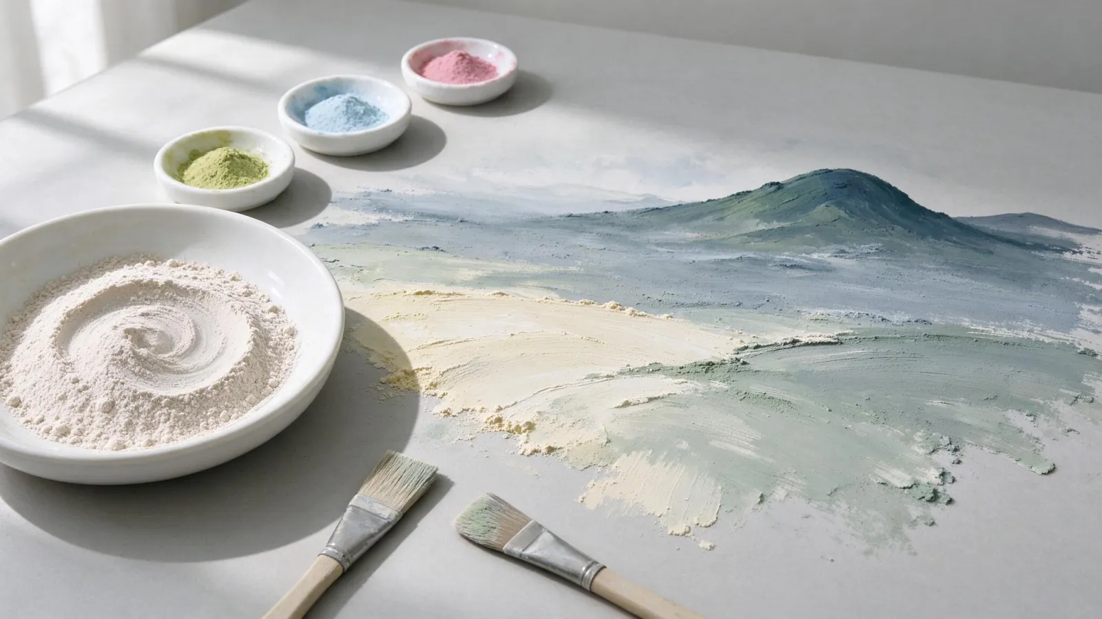 Ảnh minh hoạ Màu bột (gouache): một tranh phong cảnh gouache tự vẽ và cận cảnh bề mặt lì, phủ màu sáng lên tối