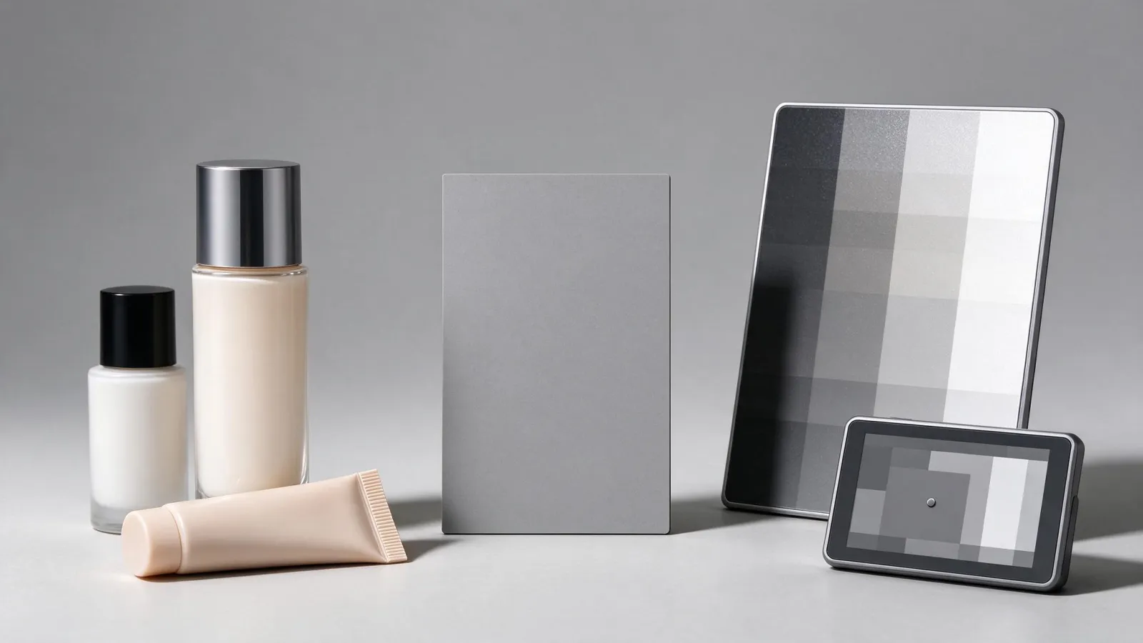 Ảnh minh hoạ Thẻ xám (grey card) và bảng màu chuẩn: ảnh một chai mỹ phẩm cạnh bảng màu chuẩn và thẻ xám, kèm ảnh chụp màn hình công cụ chọn cân bằng trắng chấm vào thẻ