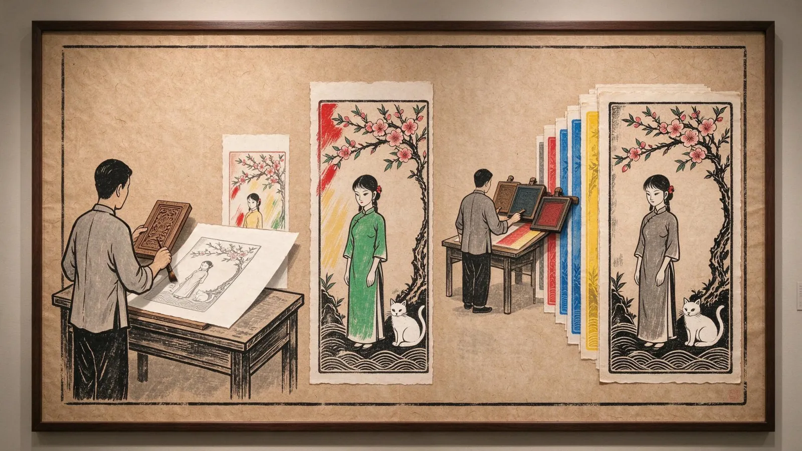 Ảnh minh hoạ Tranh Hàng Trống: so sánh quy trình tranh Hàng Trống (in nét rồi tô tay) và Đông Hồ (in nhiều bản màu) bằng sơ đồ