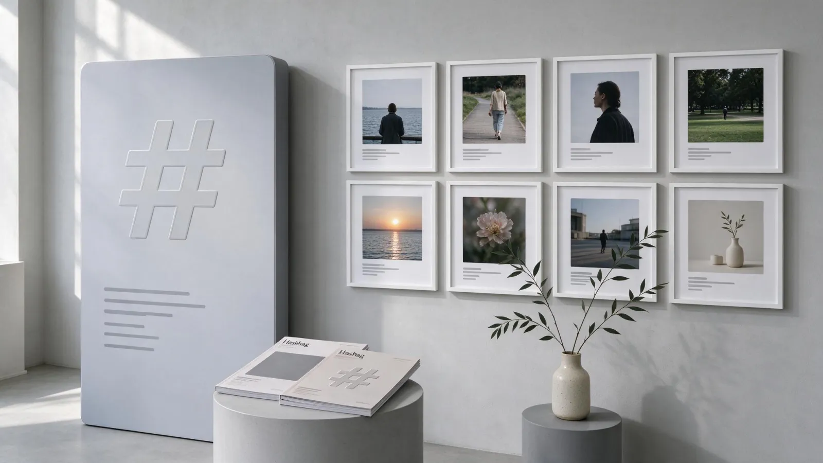 Ảnh minh hoạ Hashtag: một backdrop check-in in hashtag chiến dịch và lưới bài đăng người dùng dùng hashtag đó
