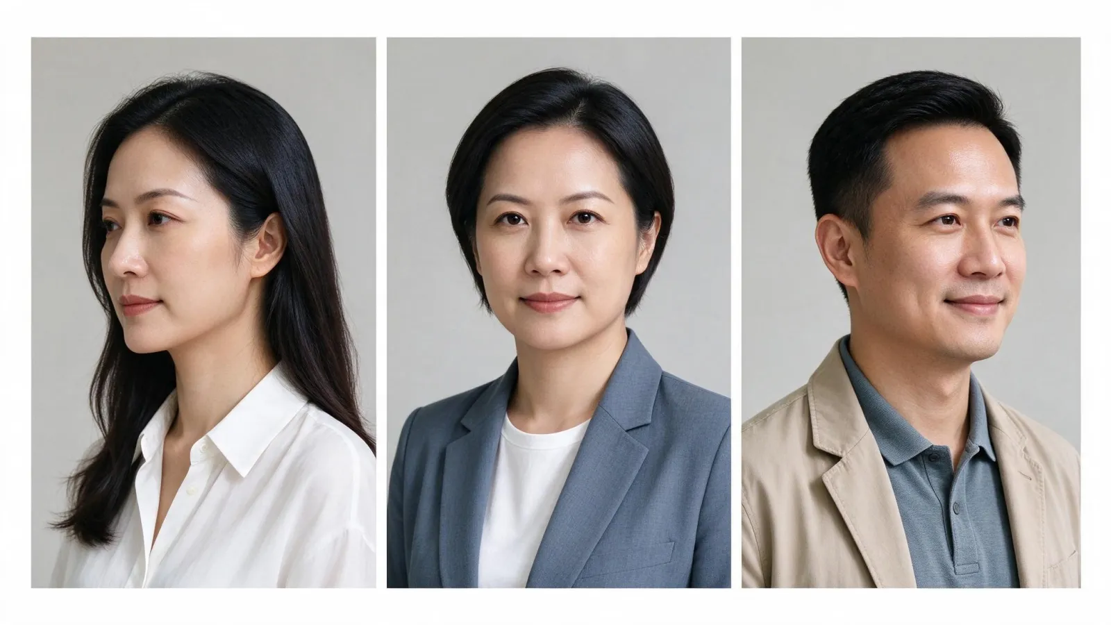 Ảnh minh hoạ Ảnh headshot (ảnh chân dung profile): bộ ba ảnh headshot nền trơn, cùng ánh sáng, chụp ba người khác nhau theo một chuẩn đồng bộ cho trang web công ty