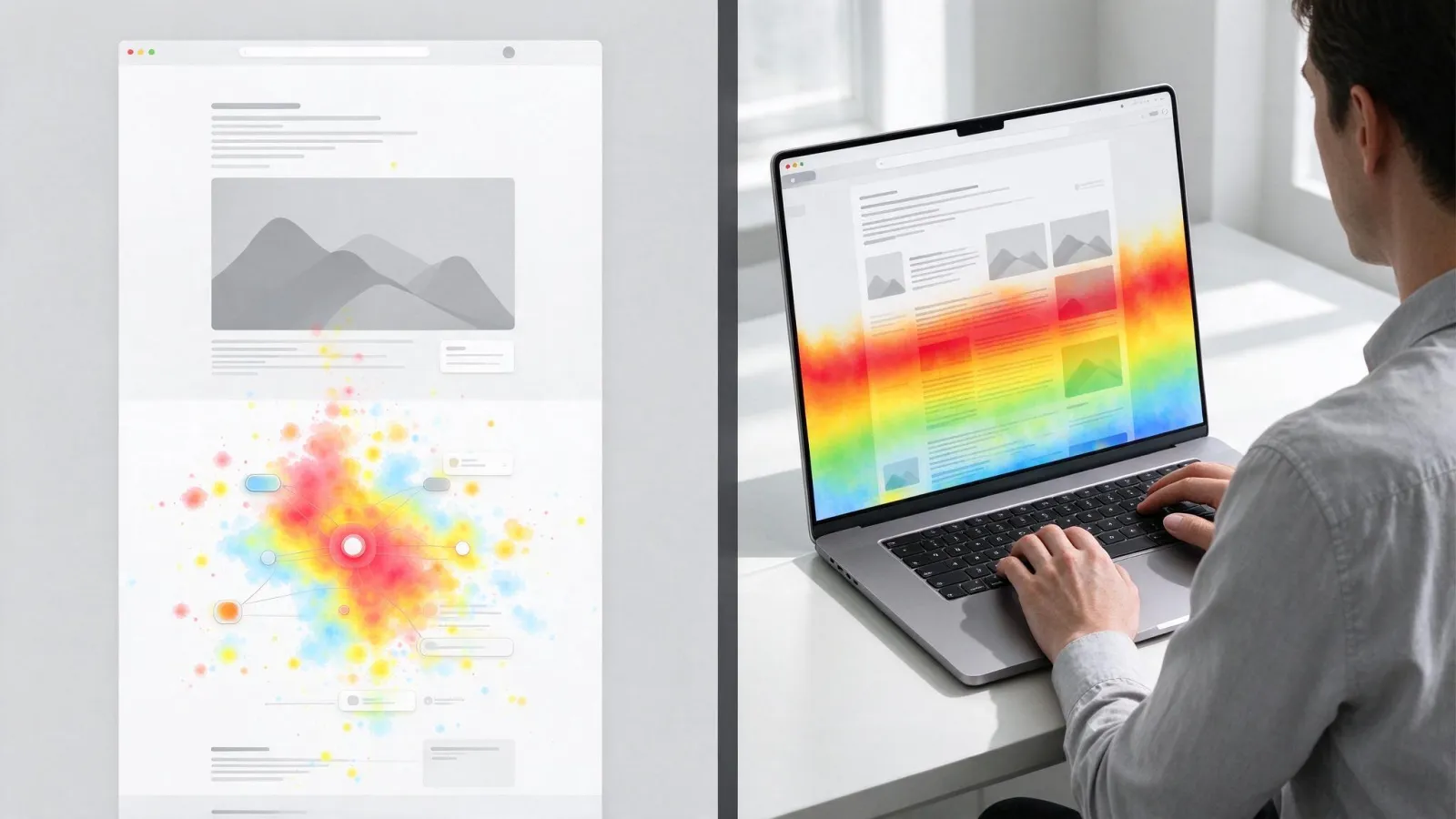 Ảnh minh hoạ Bản đồ nhiệt (heatmap): một trang landing phủ heatmap nhấp chuột, và một heatmap cuộn trang theo phần trăm