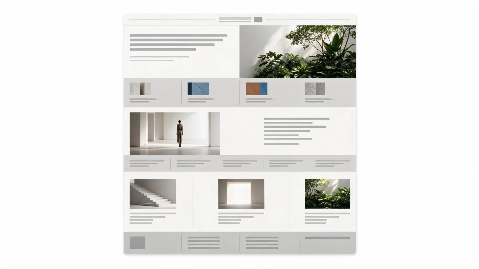 Ảnh minh hoạ Lưới phân cấp (hierarchical grid): một trang chủ website với các vùng ngang có chiều cao khác nhau được tô màu nhạt, so sánh cạnh lưới cột và lưới module đều