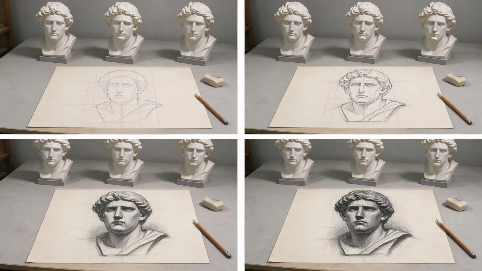 Ảnh minh hoạ Hình hoạ (thi năng khiếu): bốn giai đoạn vẽ hình hoạ một tượng thạch cao (tự vẽ): bố cục, dựng hình, mảng sáng tối, hoàn thiện
