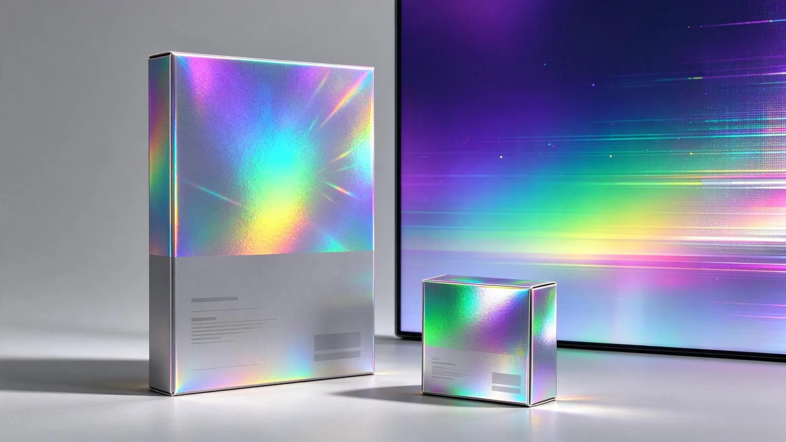 Ảnh minh hoạ Hologram: một bao bì in nhũ hologram chụp ở hai góc và một nền gradient holographic số