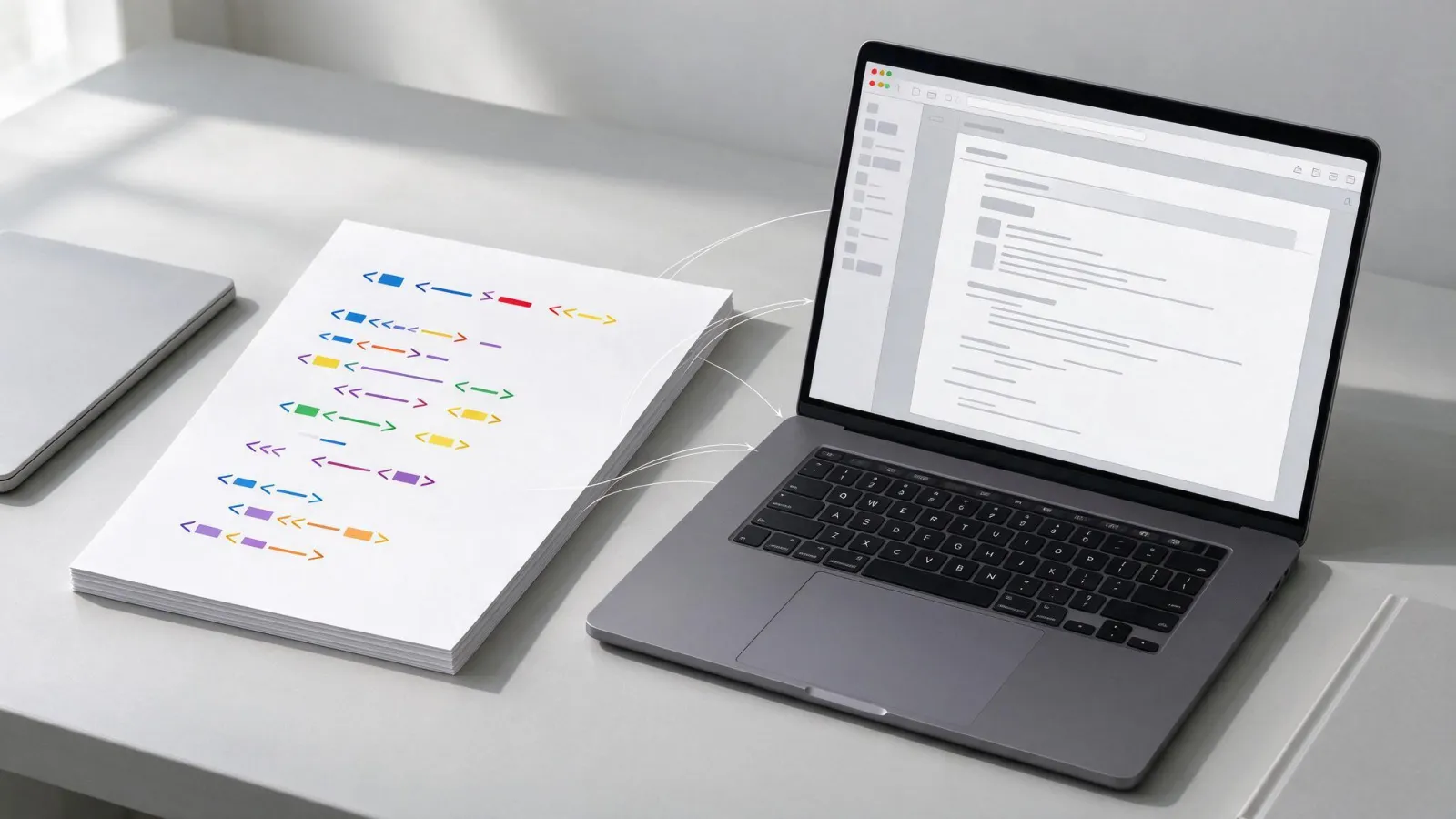 Ảnh minh hoạ HTML: một đoạn HTML ngắn có tô màu thẻ và trang web tương ứng hiển thị, nối bằng đường chỉ