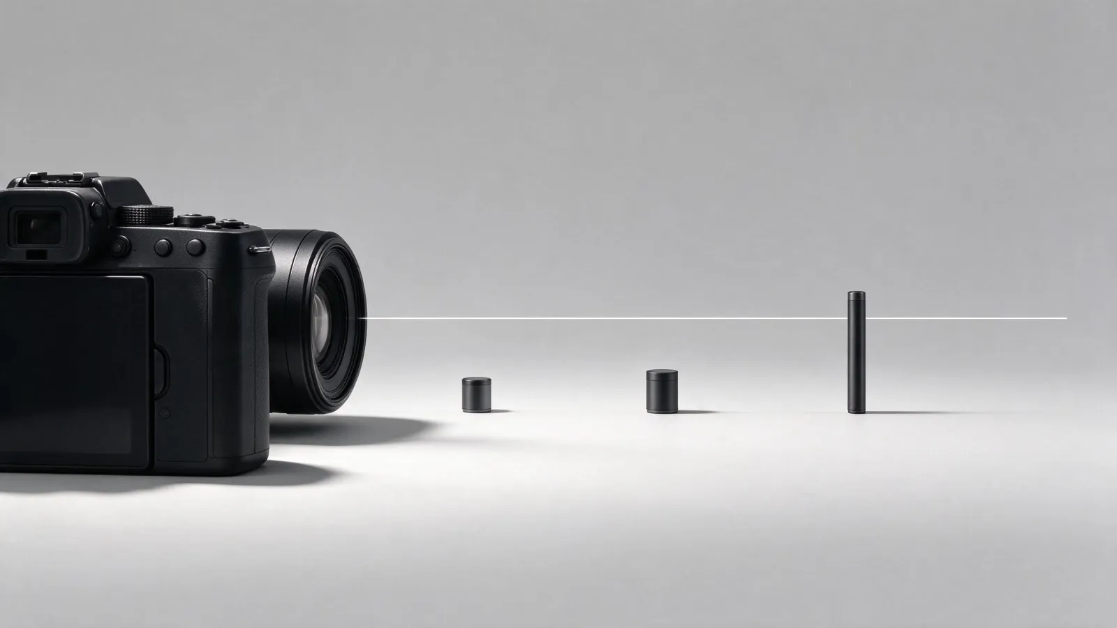Ảnh minh hoạ Khoảng cách siêu tiêu (hyperfocal distance): sơ đồ đường nằm ngang từ máy ảnh đến vô cực, đánh dấu điểm lấy nét siêu tiêu và vùng nét từ một nửa khoảng cách đến vô cực