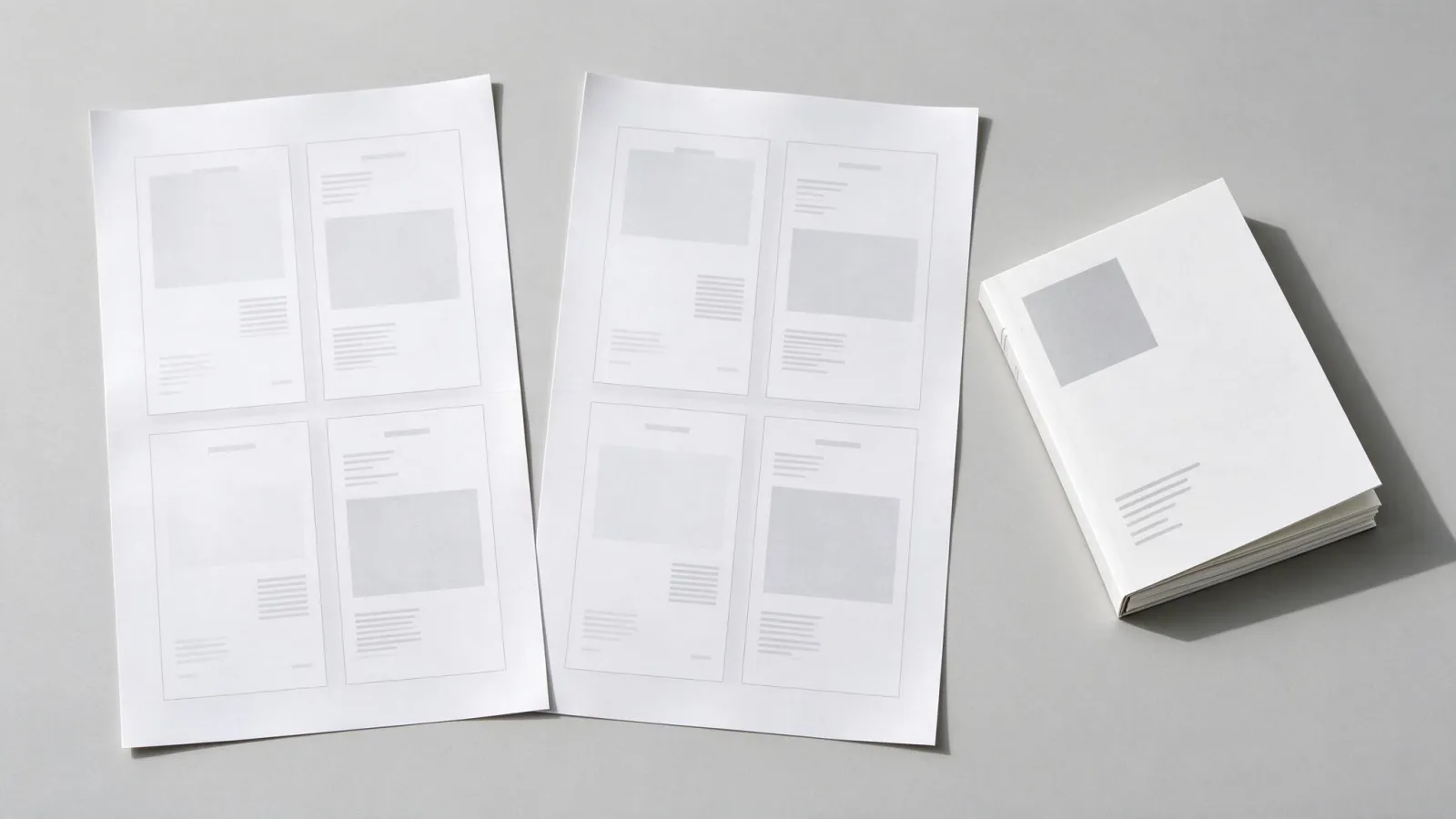 Ảnh minh hoạ Bình bản (imposition): sơ đồ một tờ in hai mặt chứa 8 trang booklet đã bình bản, các số trang xoay đúng hướng, và cuốn booklet sau khi gấp