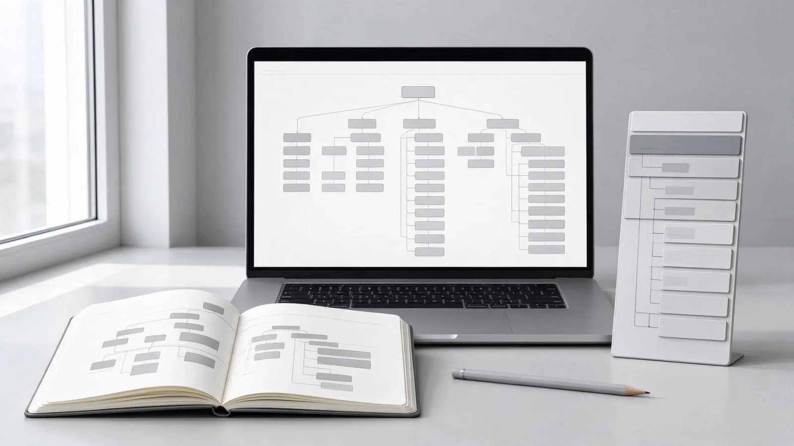 Ảnh minh hoạ Kiến trúc thông tin (information architecture): sơ đồ cây sitemap của một website trường học giả định, kèm menu điều hướng tương ứng