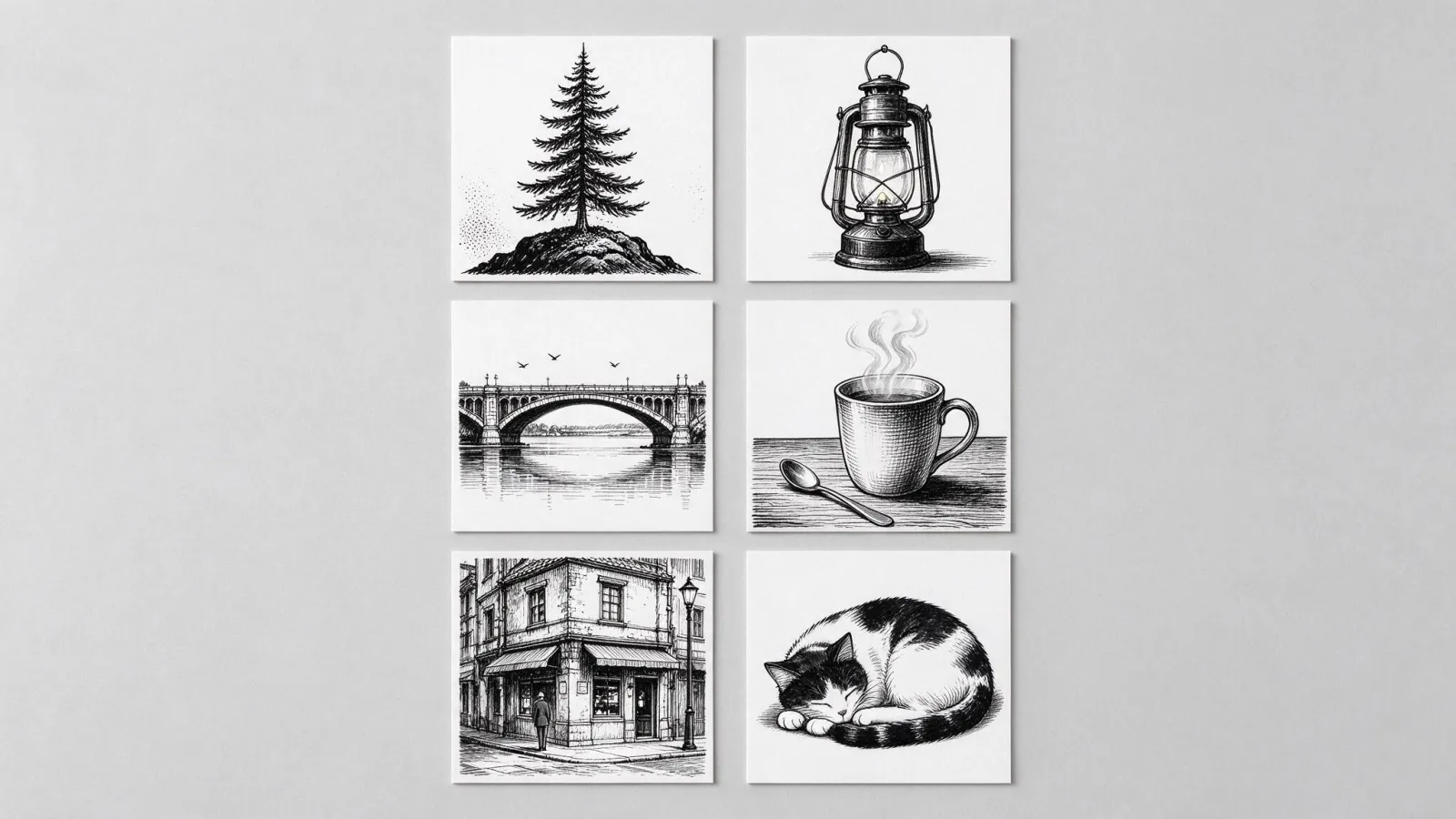 Ảnh minh hoạ Inktober: một lưới 6 ô tranh mực nhỏ tự vẽ theo các chủ đề kiểu Inktober, có ngày tháng