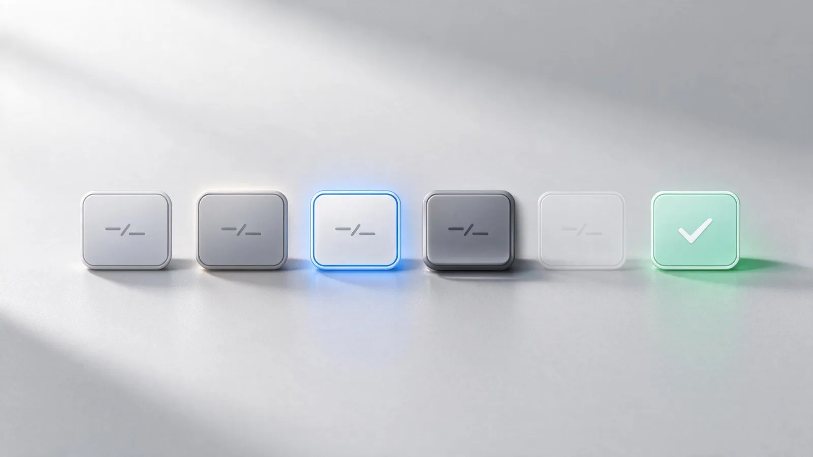 Ảnh minh hoạ Trạng thái tương tác (hover, focus, active, disabled): một nút ở 6 trạng thái xếp hàng ngang, hover, focus, active, disabled, loading