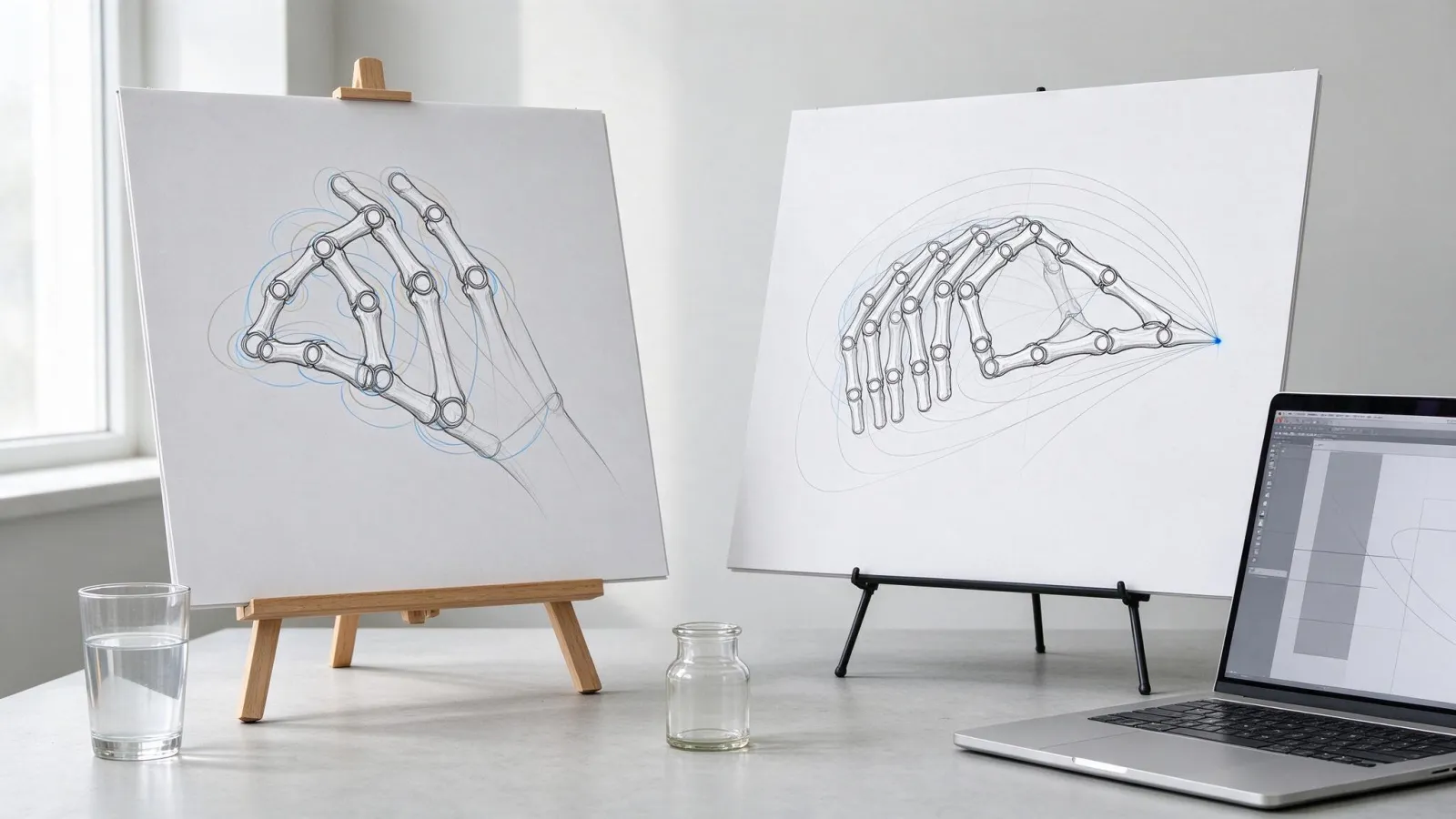 Ảnh minh hoạ IK – động học ngược (inverse kinematics): hai sơ đồ chuỗi xương tay: FK xoay từng khớp và IK kéo điểm bàn tay