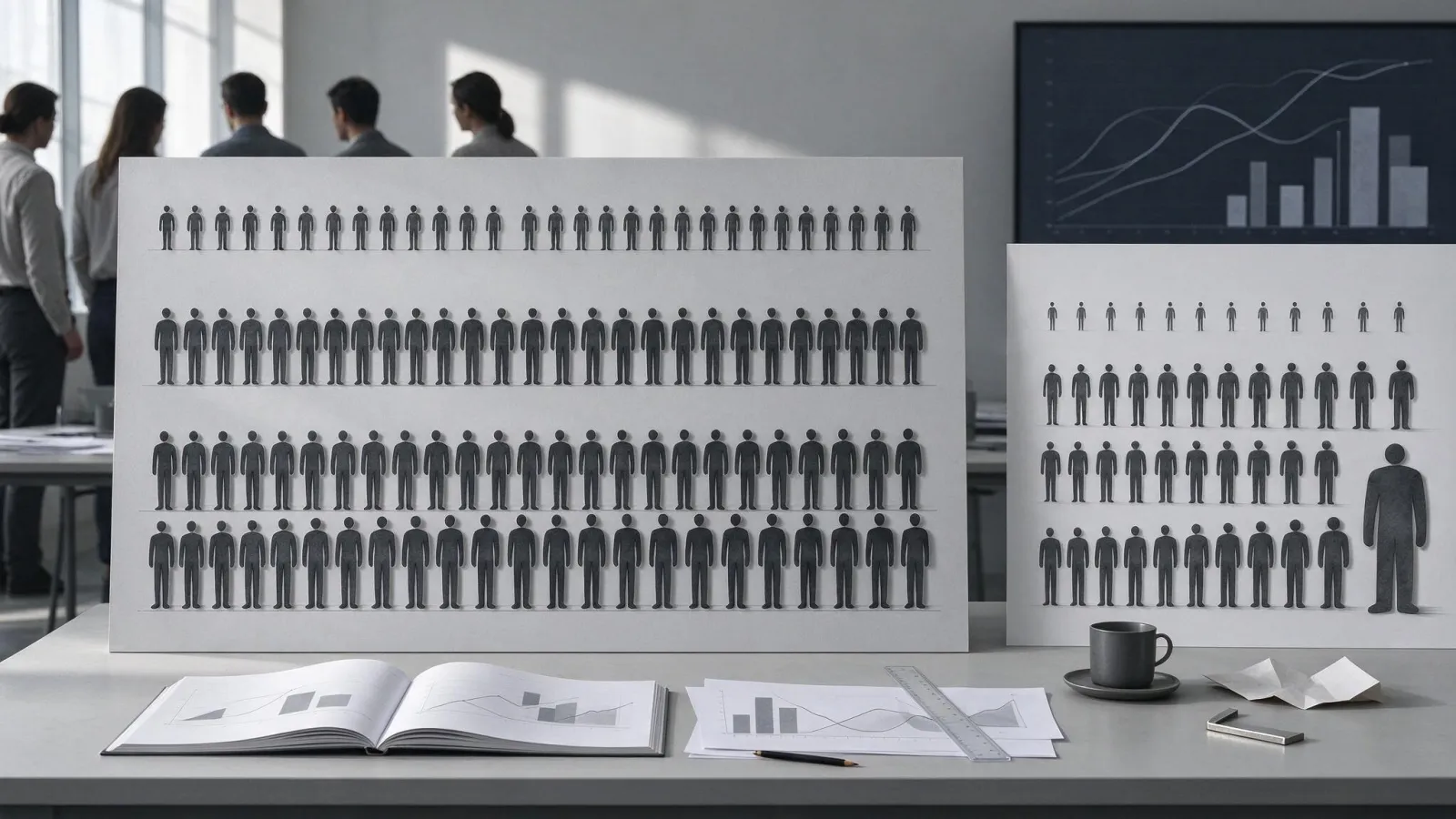 Ảnh minh hoạ Isotype (ngôn ngữ hình biểu thị số liệu): biểu đồ kiểu Isotype: các hàng hình người lặp lại thể hiện dân số của ba năm, mỗi hình bằng 1 triệu người