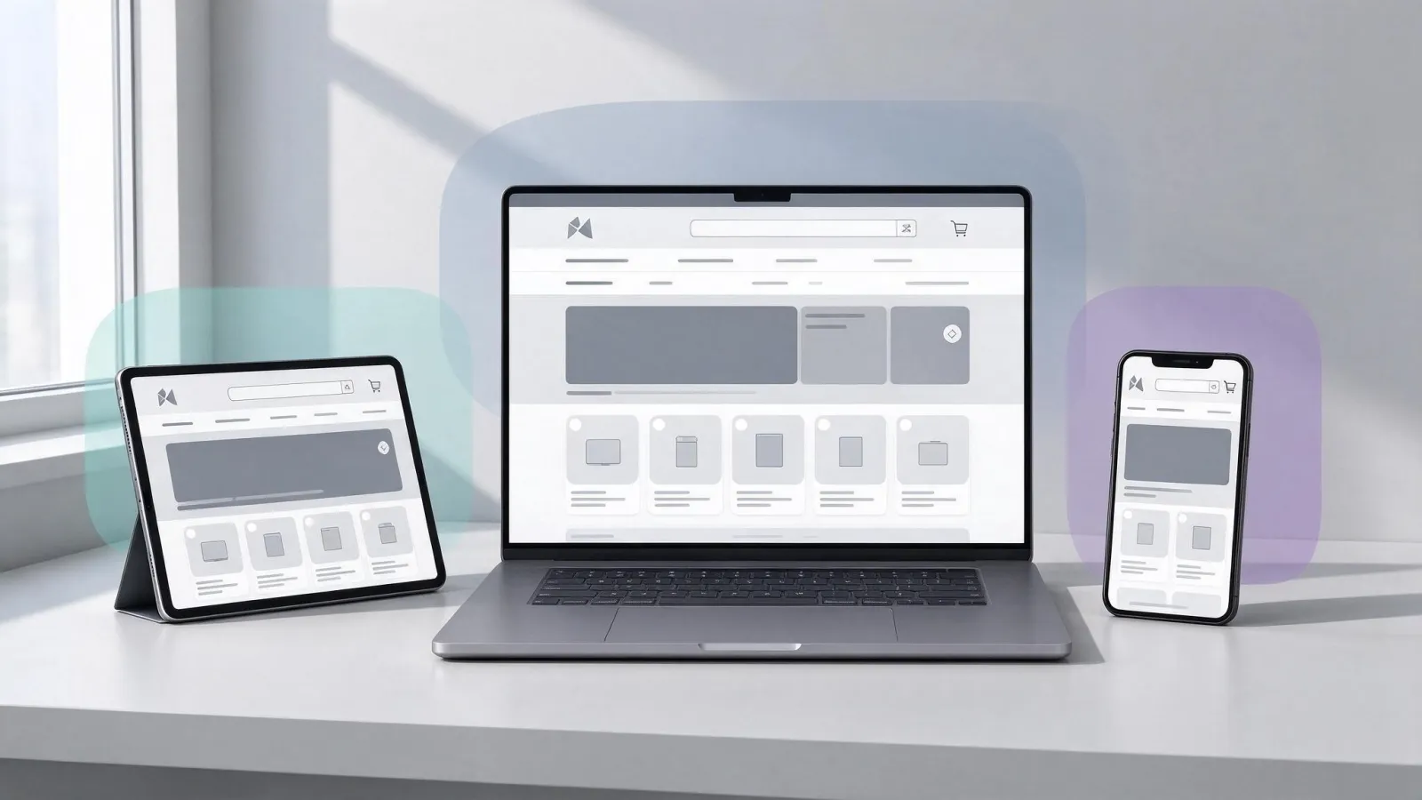 Ảnh minh hoạ Định luật Jakob (Jakob's law): ba header website thương mại điện tử khác nhau nhưng cùng vị trí logo, tìm kiếm, giỏ hàng, có khoanh vùng