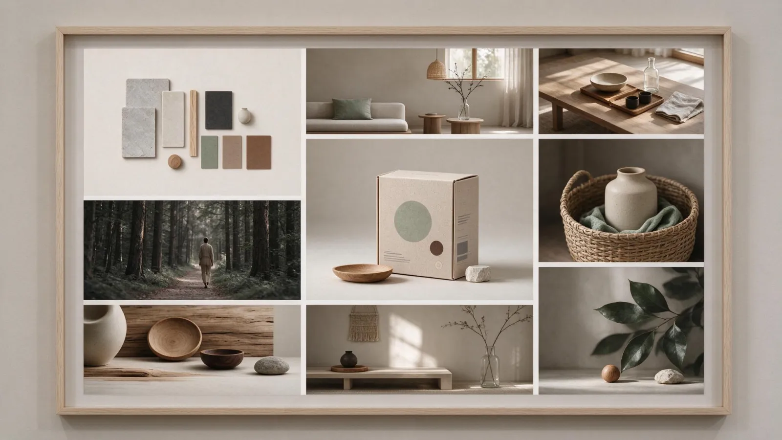Ảnh minh hoạ Phong cách Japandi: một moodboard Japandi tự sắp xếp với bảng màu, chất liệu và một mẫu bao bì giả định