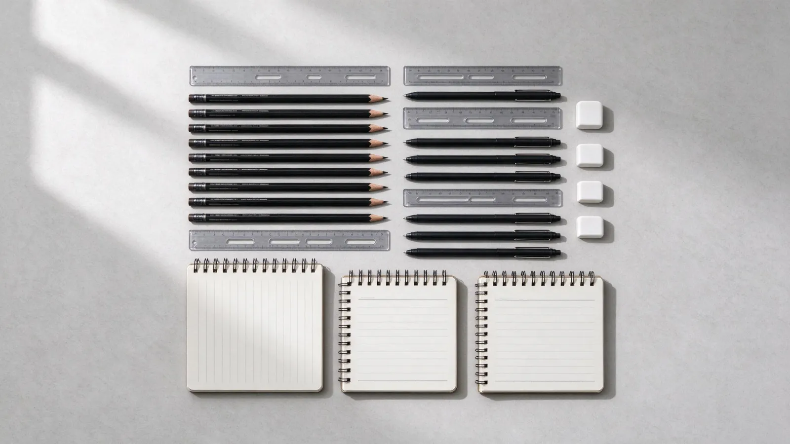 Ảnh minh hoạ Knolling (sắp đặt vuông góc): ảnh chụp từ trên xuống bộ dụng cụ vẽ được knolling: bút, thước, tẩy, sổ xếp song song và vuông góc, khoảng cách đều