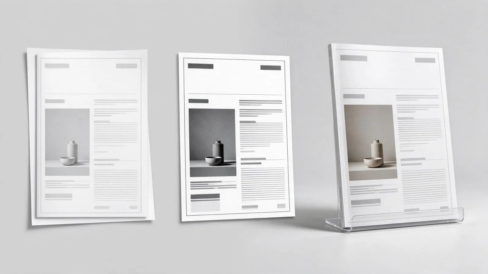 Ảnh minh hoạ Bản comp (comprehensive layout): ba bước của một thiết kế bìa tạp chí: thumbnail bằng bút chì, bản rough đen trắng và bản comp màu đặt trên mockup