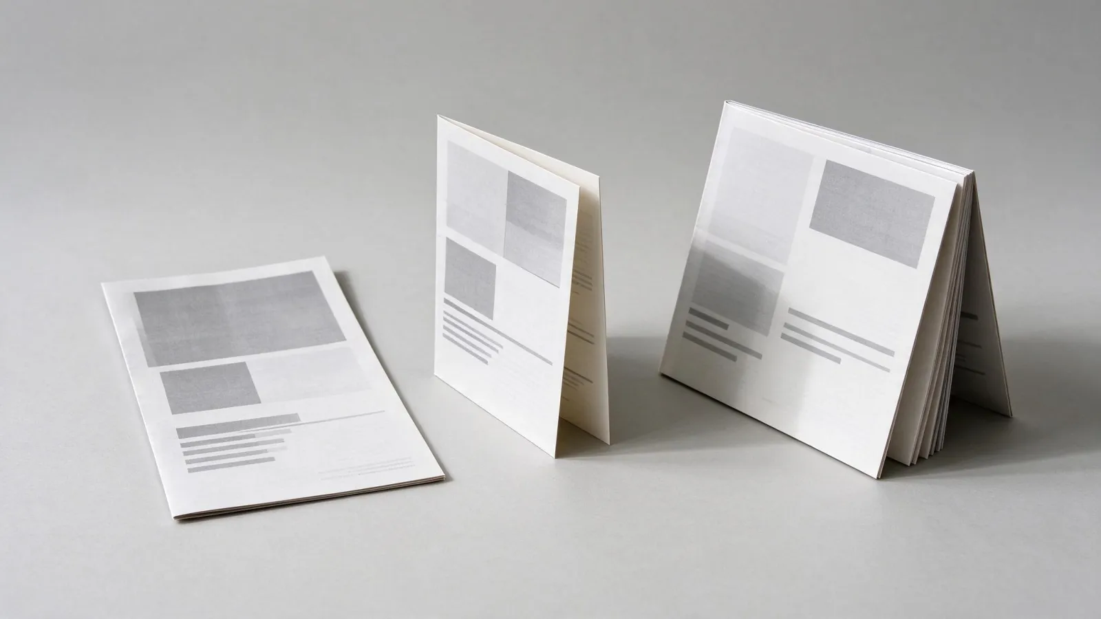 Ảnh minh hoạ Leaflet: so sánh ba ấn phẩm flyer, leaflet và brochure đặt cạnh nhau, cách gấp và mục đích