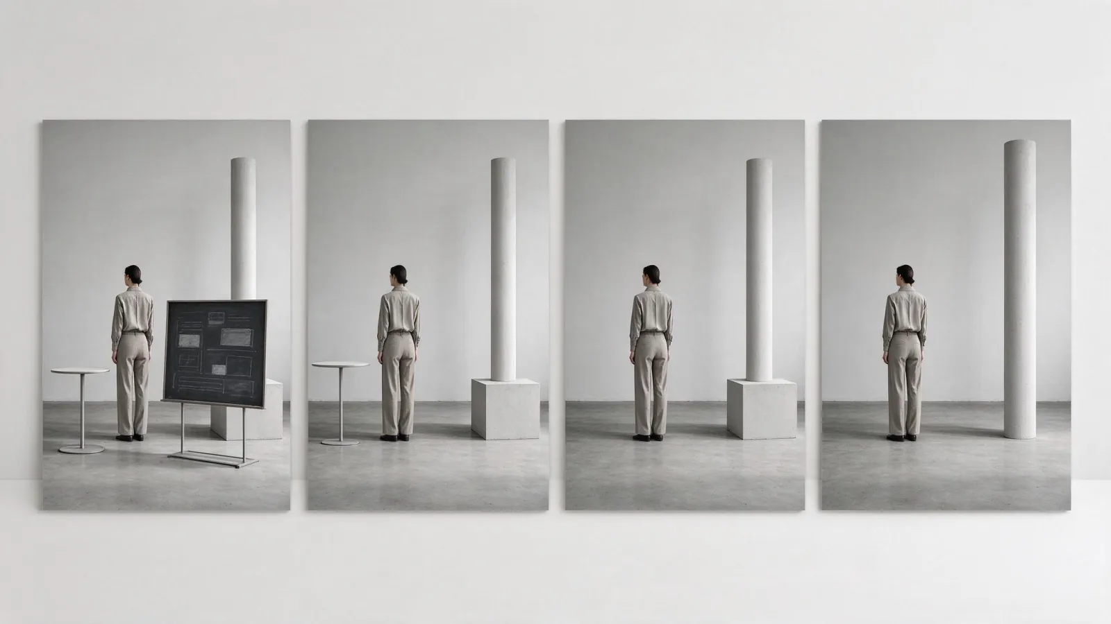 Ảnh minh hoạ Ít là nhiều (less is more): chuỗi bốn phiên bản của cùng một poster, mỗi bản bớt dần một yếu tố, bản cuối gọn và mạnh nhất