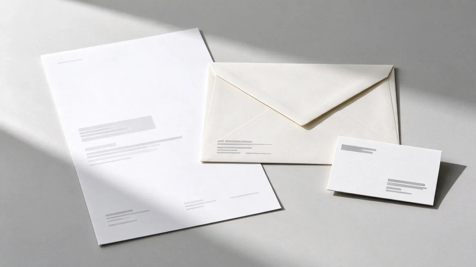 Ảnh minh hoạ Letterhead: bộ văn phòng phẩm gồm letterhead, phong bì và danh thiếp đặt cạnh nhau, thông tin liên hệ và vùng nội dung