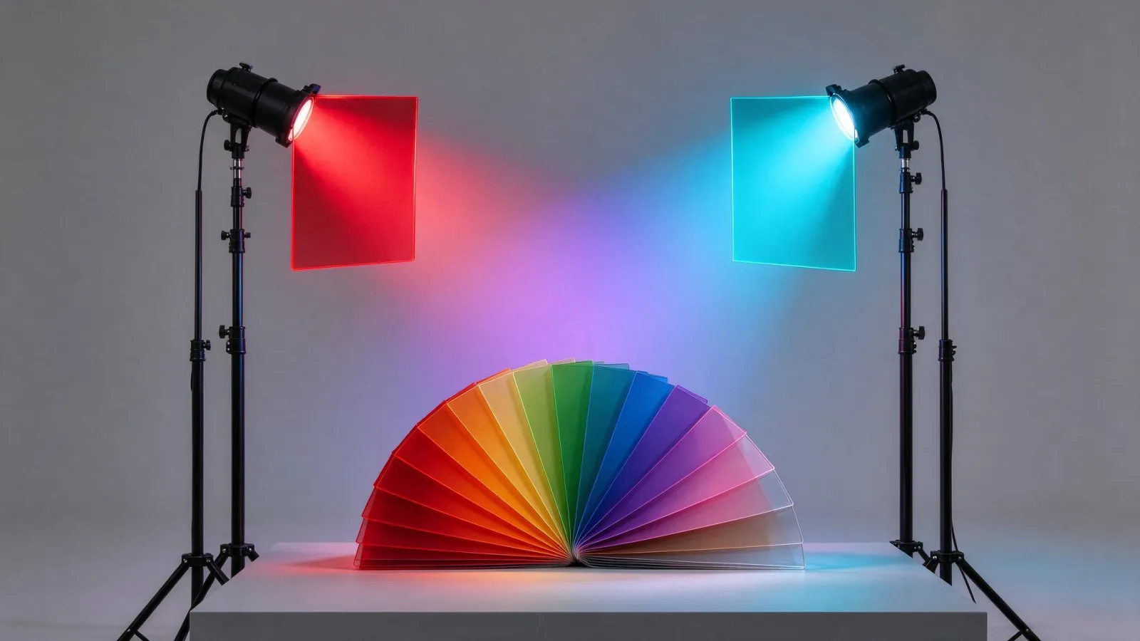 Ảnh minh hoạ Gel màu (lighting gel): ảnh chân dung có hai đèn gắn gel đỏ và xanh cyan chiếu từ hai bên, kèm bộ gel màu xếp quạt