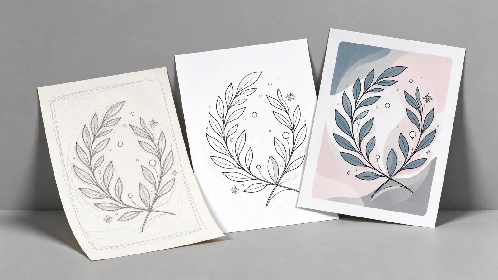 Ảnh minh hoạ Line art: ba bước của cùng một minh hoạ: phác thảo, line art sạch, line art đã tô màu