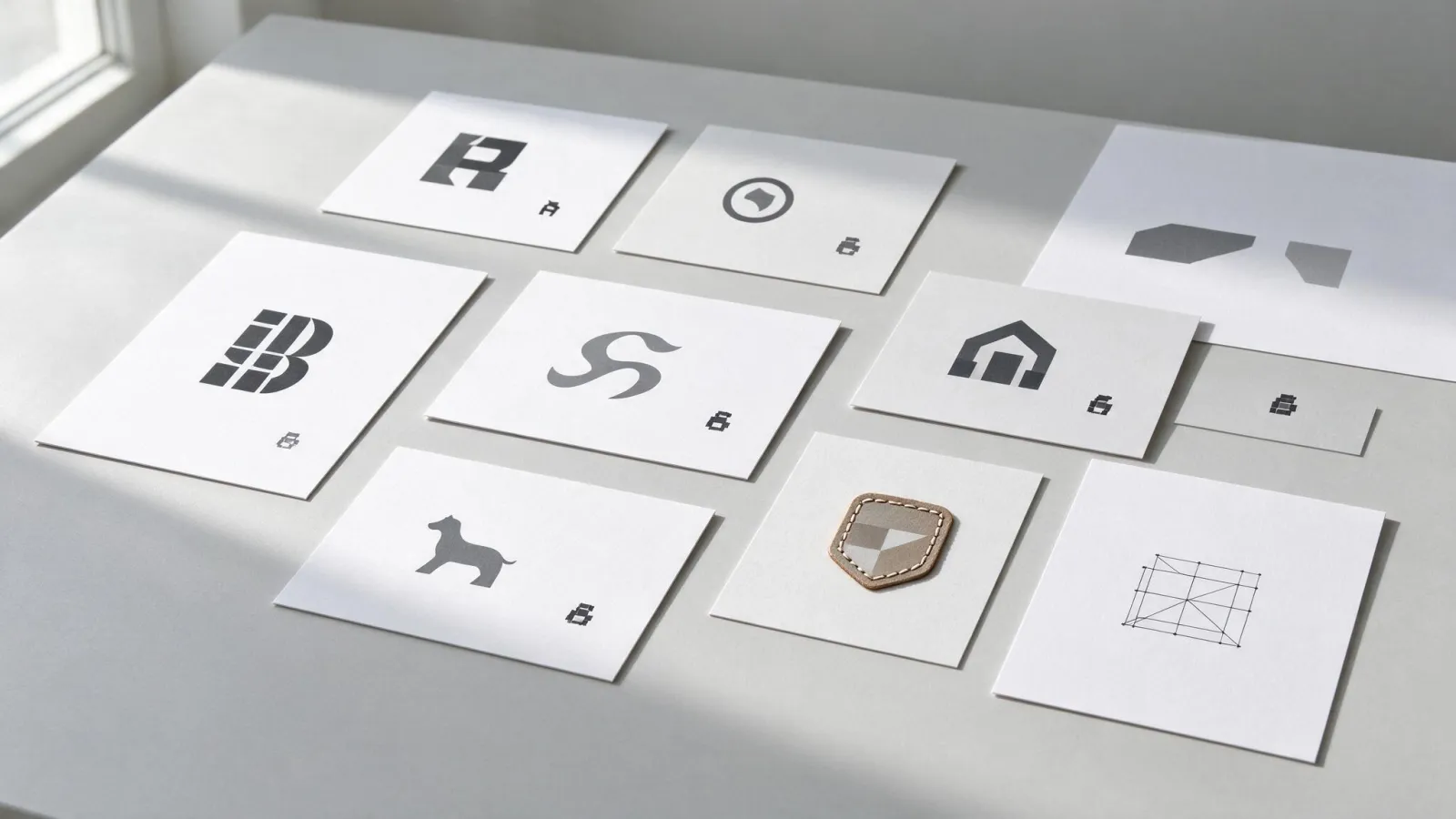 Ảnh minh hoạ Logo: bảng 7 loại logo, mỗi loại một ví dụ tự thiết kế với thương hiệu giả định
