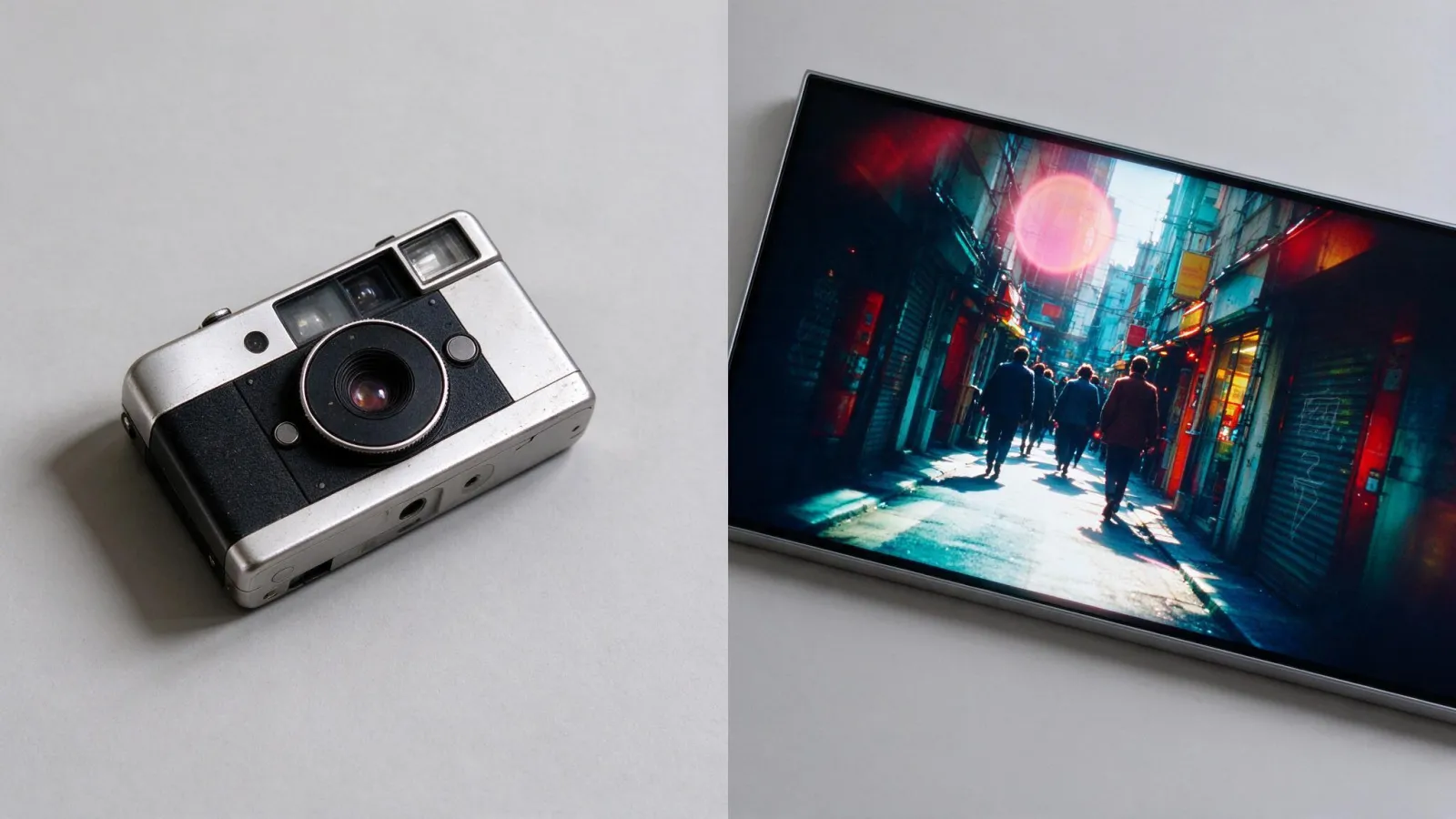 Ảnh minh hoạ Lomography (ảnh lomo): một ảnh đường phố phong cách lomo (tối góc, màu rực, lóa sáng) đặt cạnh một máy ảnh film nhỏ gọn kiểu LC-A