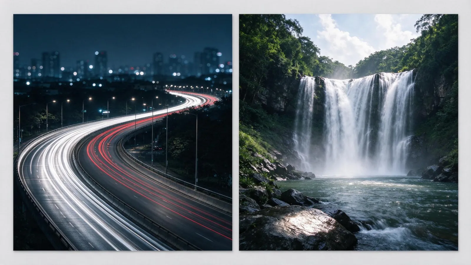 Ảnh minh hoạ Phơi sáng dài (long exposure): một ảnh vệt đèn xe ban đêm và một ảnh thác nước mịn, ghi tốc độ màn trập