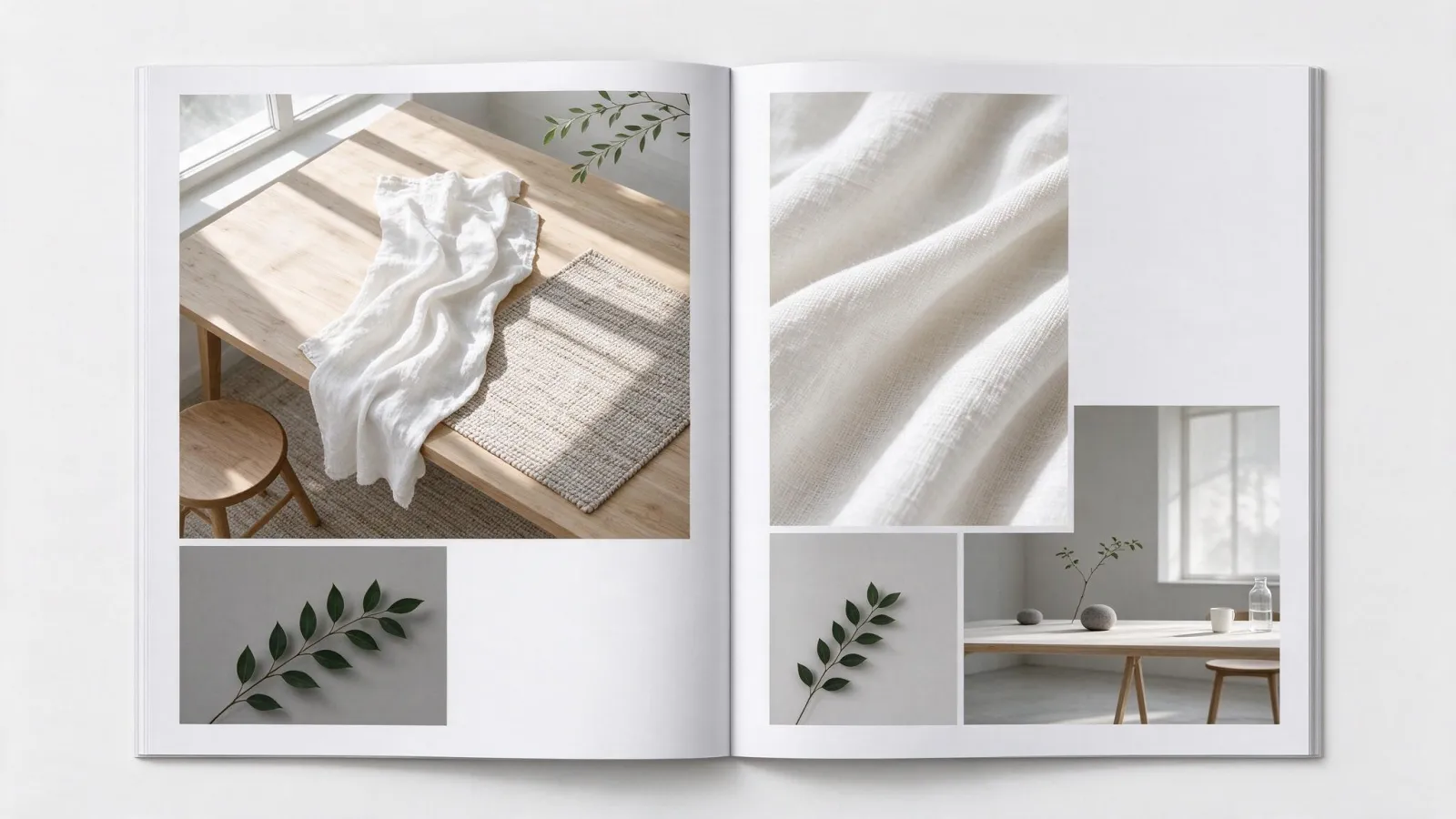Ảnh minh hoạ Lookbook: hai trang đôi lookbook giả định với ảnh minh hoạ không có người thật (dùng ảnh CC0), chữ và bố cục
