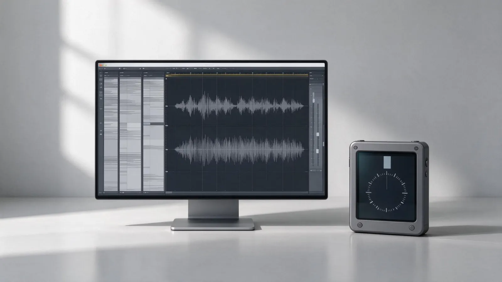 Ảnh minh hoạ Độ lớn âm thanh (loudness, LUFS): ảnh chụp một đồng hồ đo loudness hiển thị giá trị LUFS tích hợp, kèm dạng sóng trước và sau chuẩn hoá