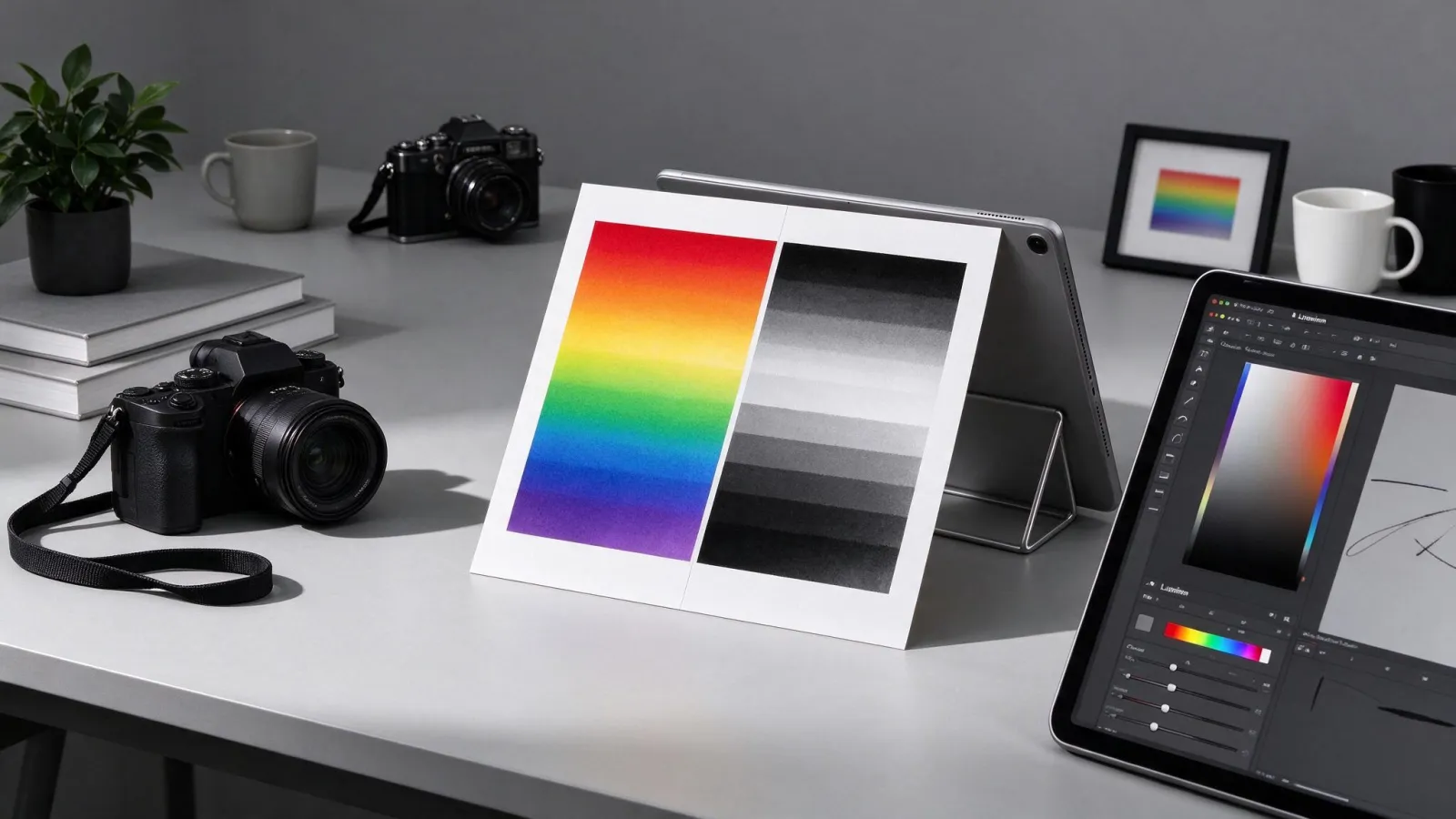 Ảnh minh hoạ Luminance (độ chói trong chỉnh ảnh, video): một dải màu cầu vồng và phiên bản đen trắng của nó để thấy luminance khác nhau, cạnh ảnh chụp màn hình tab Luminance trong Color Mixer