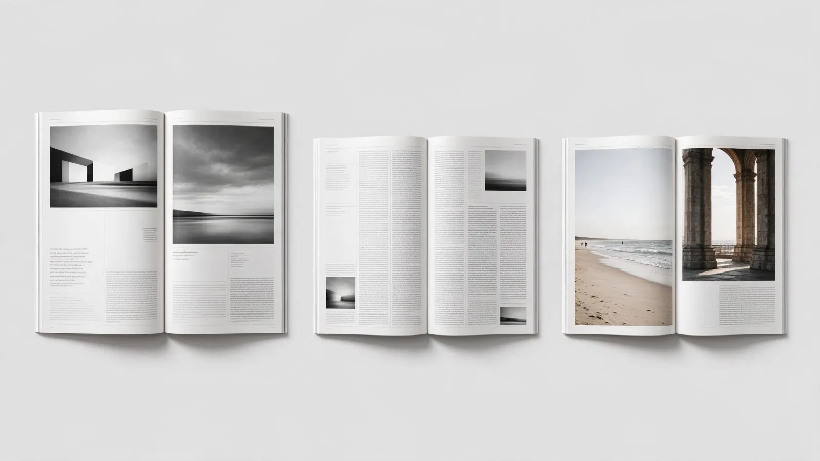 Ảnh minh hoạ Dàn trang tạp chí (magazine layout): ba trang đôi của cùng một tạp chí với nhịp khác nhau (mở bài, trang chữ, trang ảnh), có lưới cột hiện mờ